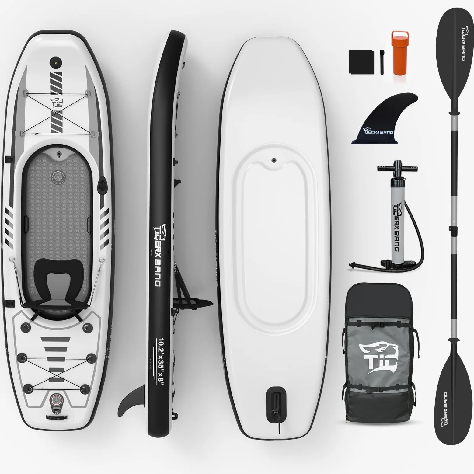TIGERXBANG Kayak hinchable de 310 x 89 x 20 cm con asiento para adultos y niños, juego de kayak SUP con bomba, pala de aluminio y mochila, kayak de manguera estable para pesca, excursiones y ocio