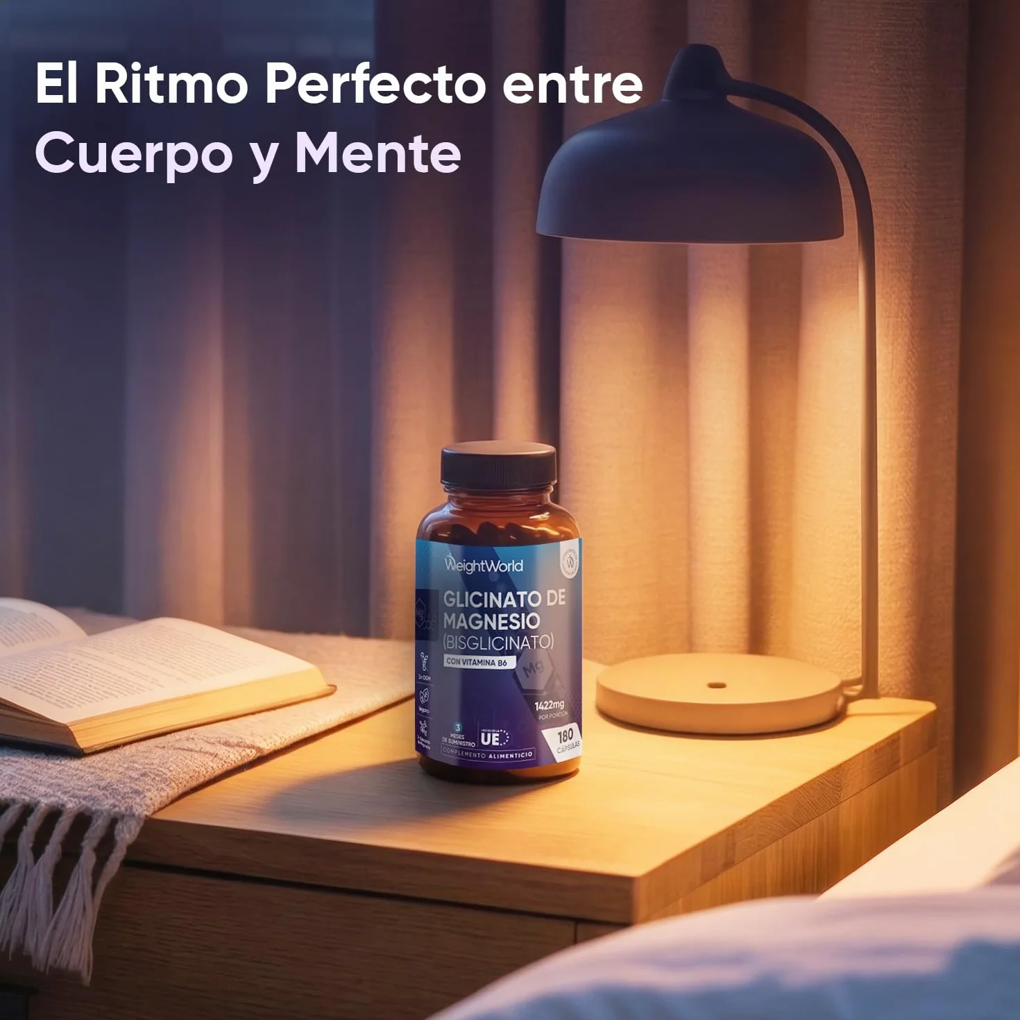 Glicinato de Magnesio 1422mg con Vitamina B6 - 180 Cápsulas Veganas, 200mg Magnesio Puro, Sin OGM