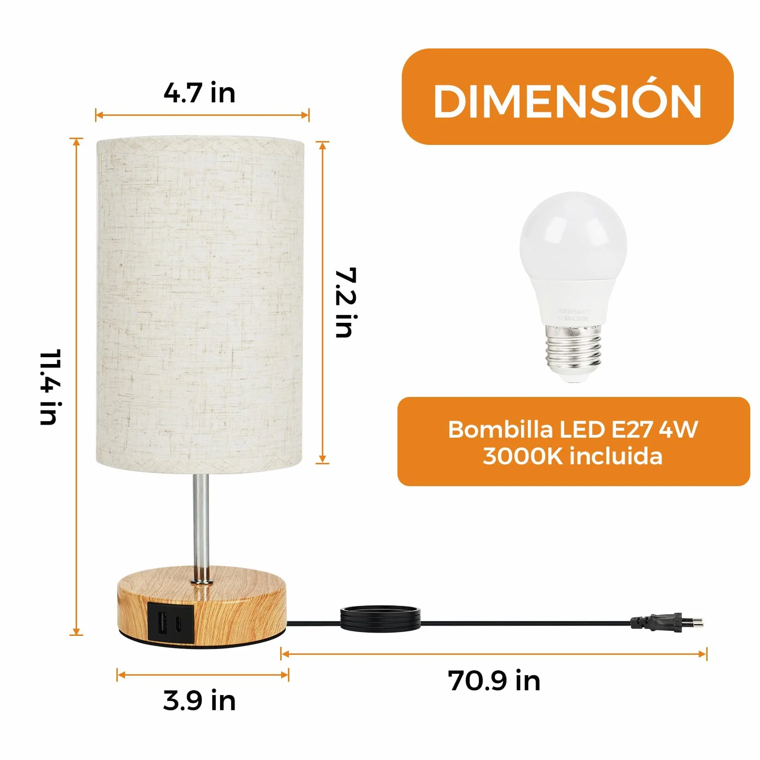 Suright Lámpara de Mesa Táctil Regulable con Puertos USB A+C, Pantalla de Tela de Lino, Bombilla Incluida