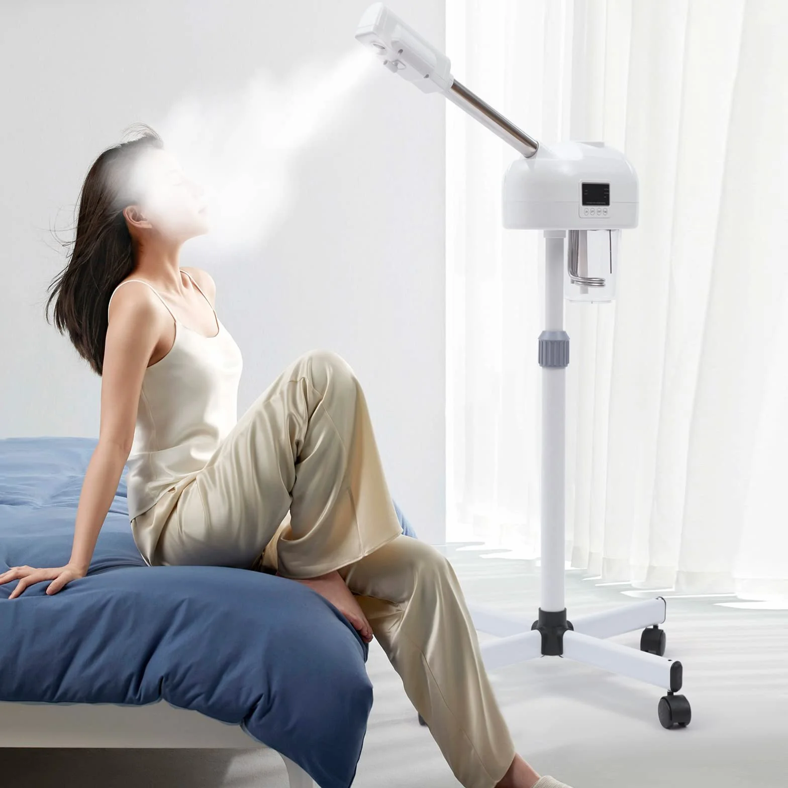 Vaporizador facial 750W 2 en 1, pantalla LCD, vapor caliente, móvil, blanco