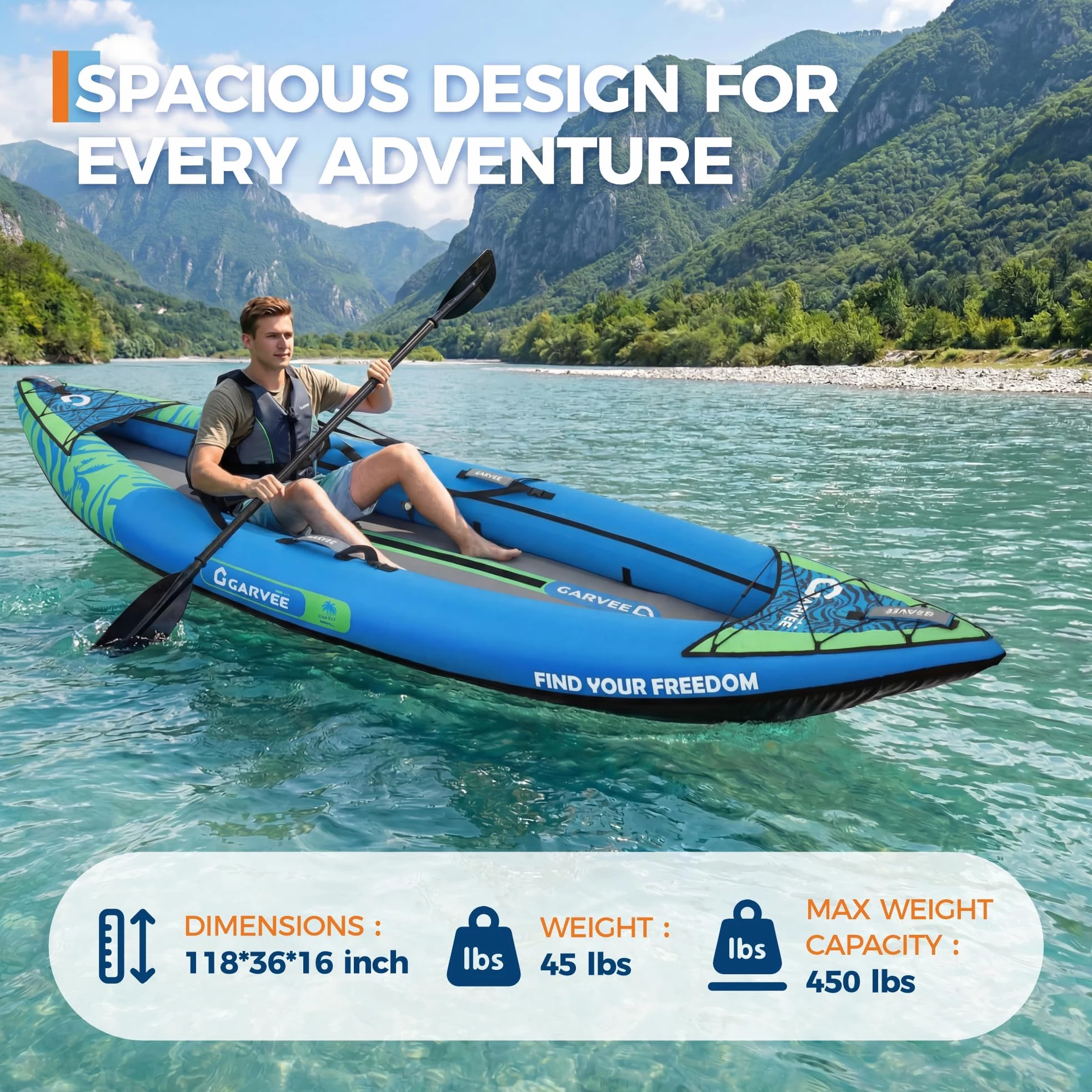 Kayak hinchable para 2 personas, casco de punto de caída, capacidad de carga de 450 Lbs, incluye remo, bomba, asientos y bolsa de transporte, resistente kayak de senderismo para mar, río y costa