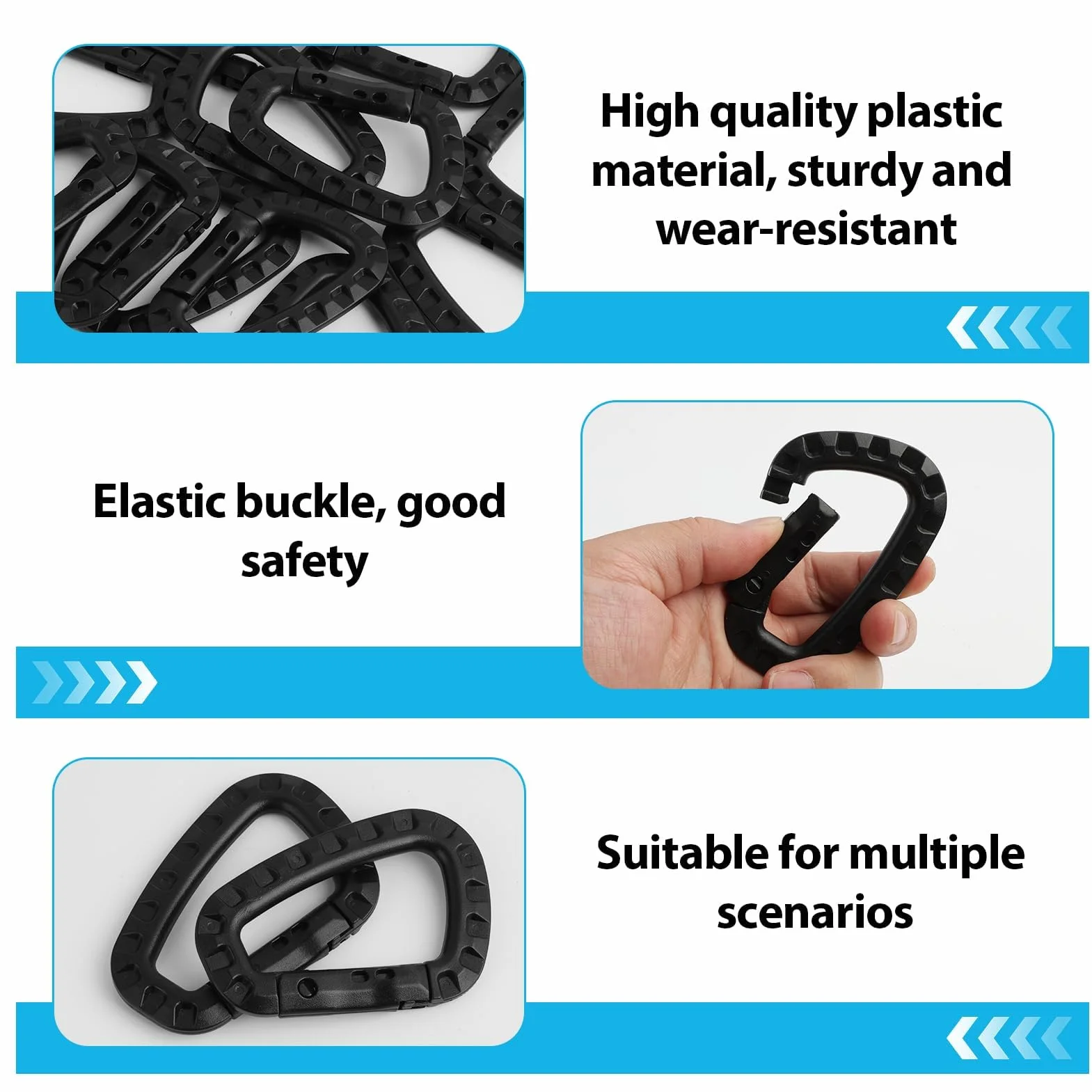 12 Piezas mosqueton Grande tactico Escalada, Carabiners, D Shape Carabiner Negro de plástico tamaño (8,3 cm x 5,5 cm), para Actividades al Aire Libre como Camping, Senderismo y Viajes