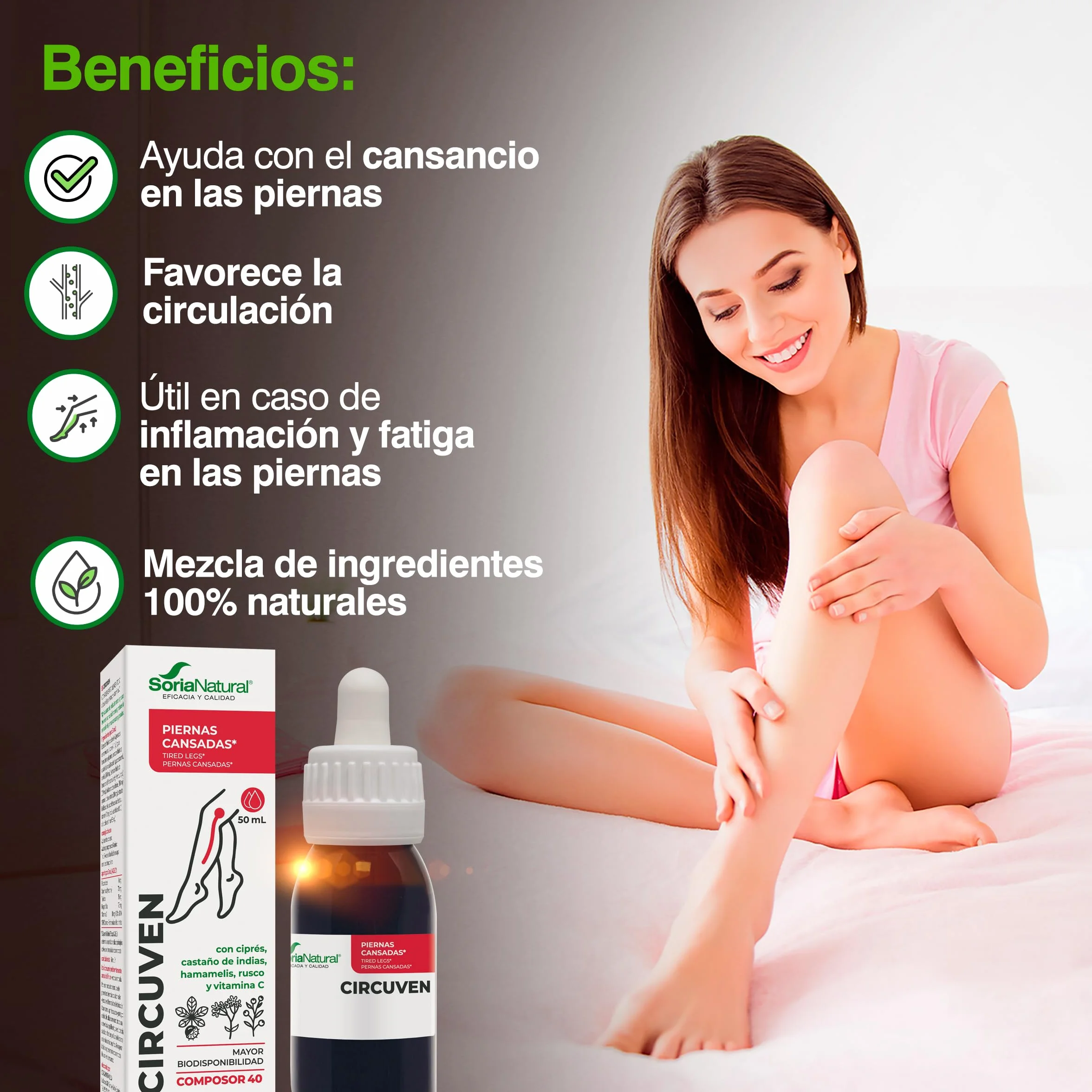 Soria Natural Composor 40 Circuven Alivio Piernas cansadas Circulación de Retorno - Castaño de Indias, Ciprés, Hamamelis, Rusco, Vitamina C - 50mL