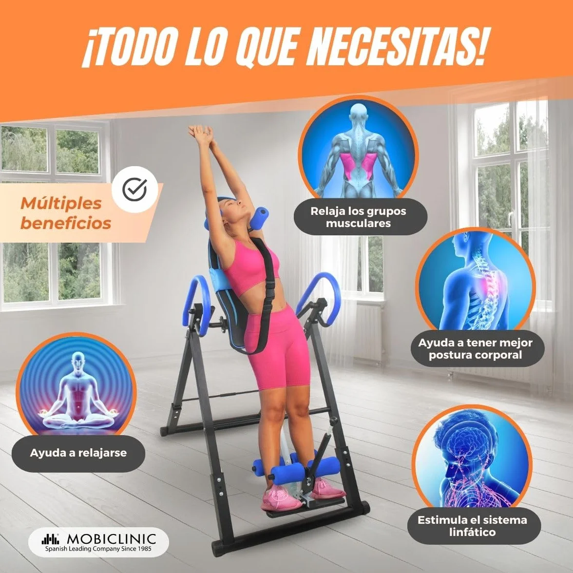 Mobiclinic® fitness, Tabla de inversión, Plegable, Inclinación 180º, Hasta 120 kg, Regulable, Cojín lumbar y reposacabezas, Cuatro sistemas seguridad, Estiramientos abdominales, Acero