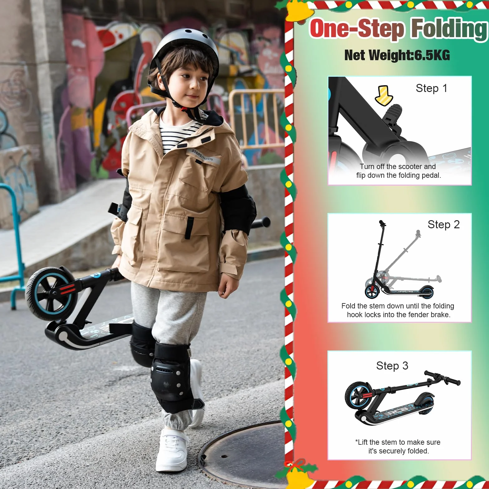 RCB Patinete Eléctrico para Niños 6-12 Años, 150W Motor - Máx.16 Km/h - Luz LED Arcoíris - Plegable - Pantalla LED - Velocidad y Altura Ajustables, Regalo para niños y Adolescentes