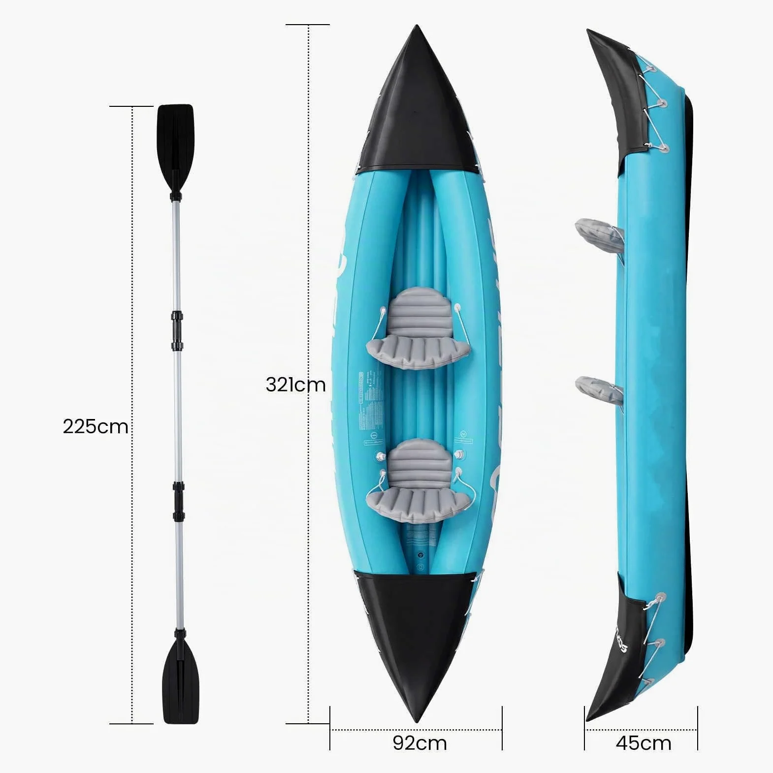 HOMASIS Kayak Hinchable de 2 Plazas | Barca Inflable con Remos Dobles de Aluminio, Asientos y Bomba de Pie para Pesca y Aventuras, Carga 160 kg, 321 x 92 x 45 cm