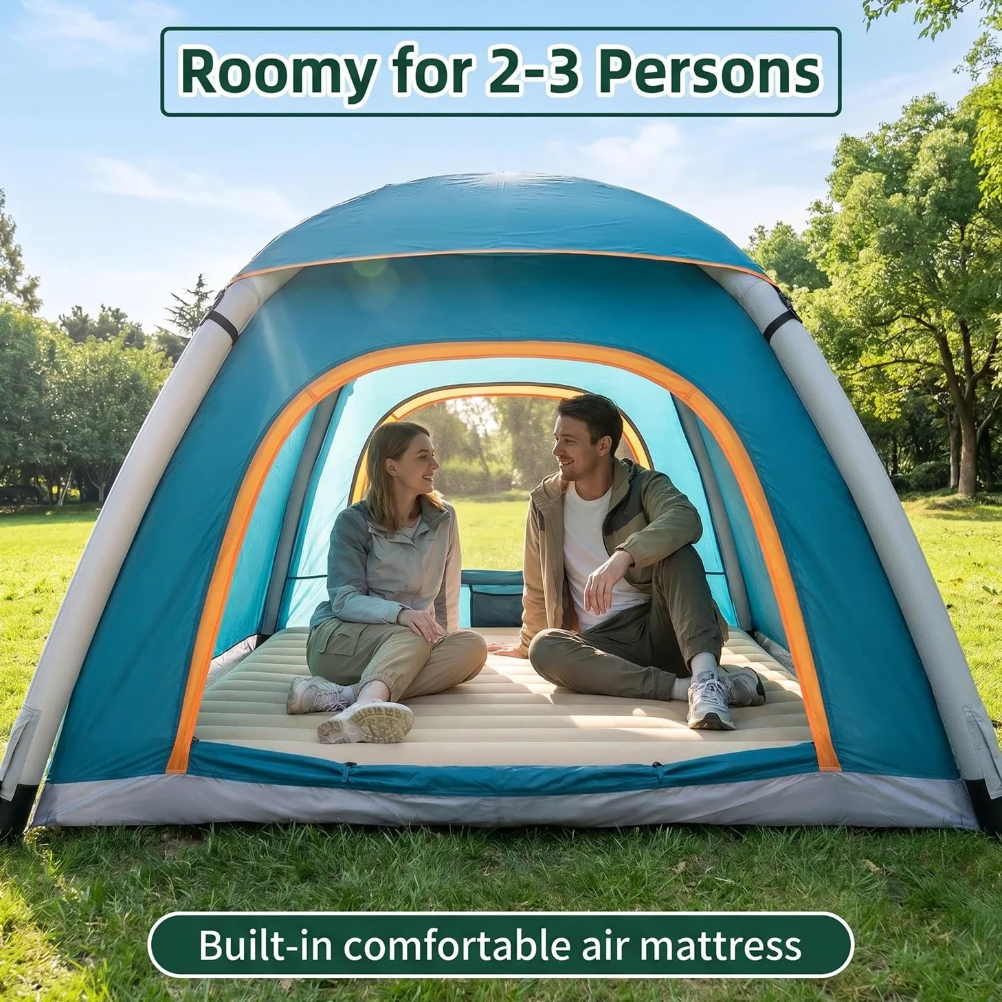 Tienda de campaña inflable para 2-3 personas, impermeable para 4 estaciones, tienda de campaña de aire de 3000 mm con bomba, estacas, bolsa de transporte, resistente al viento para camping, senderismo