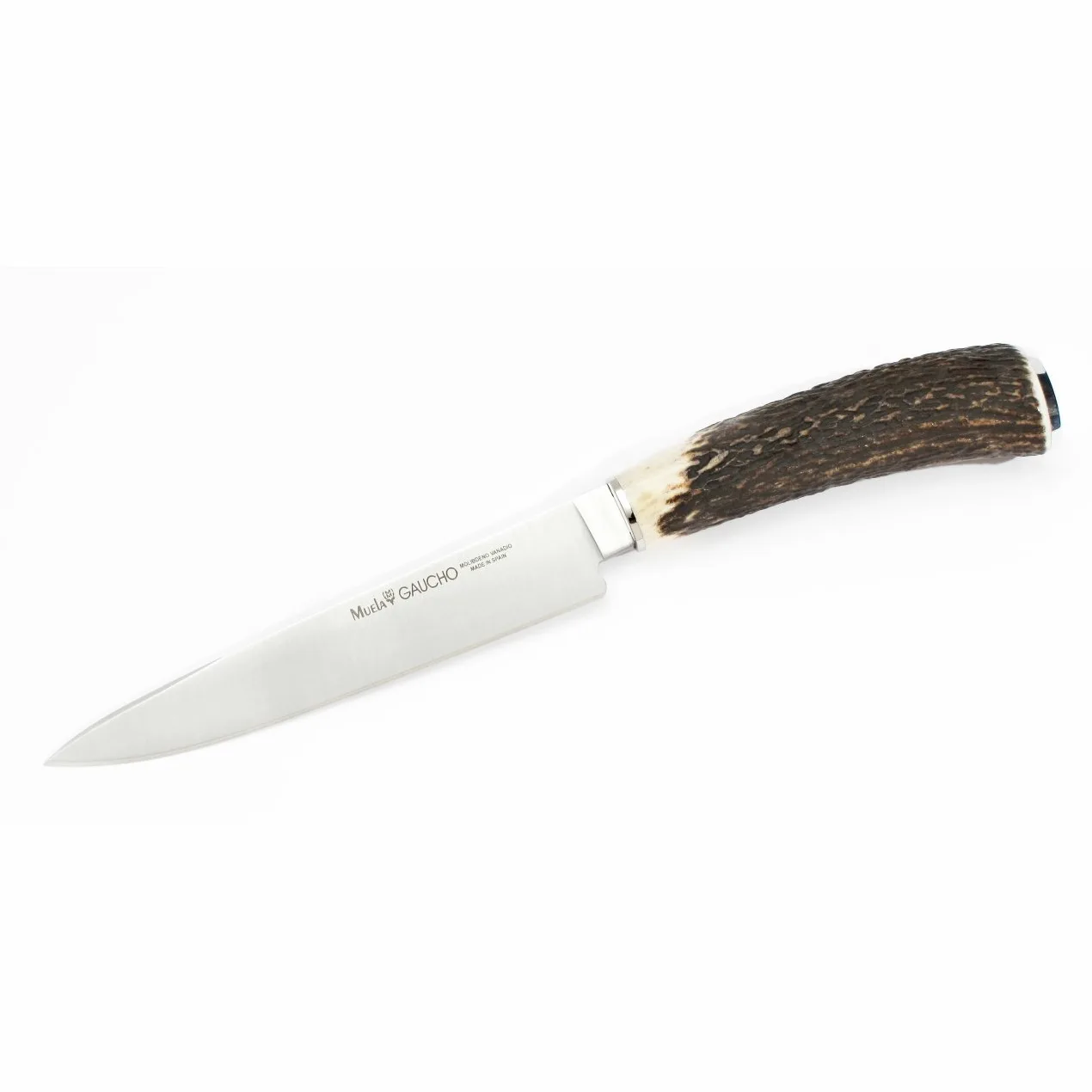 ELECTROPOLIS Cuchillo de Caza Muela Gaucho GAUCHO-16A, con puño de asta de Ciervo, Casquillo INOX, tamaño de la Hoja 16 cm + Tarjeta Multiusos de Regalo