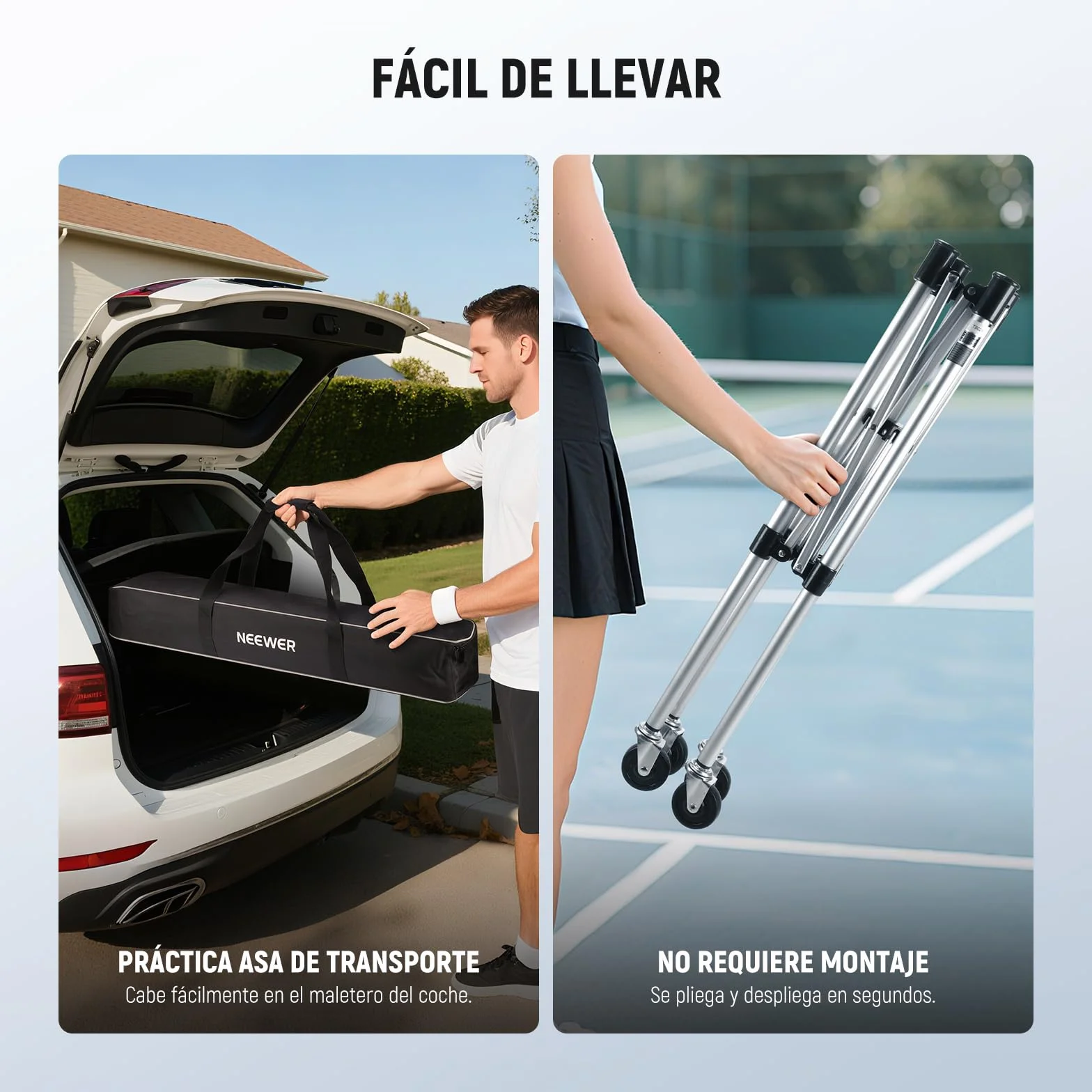 NEEWER Contenedor de Pickleball con Ruedas, Plegable Poliéster Picker Upper Hopper Carrying Basket Cart Holder con Bolsillo Lateral