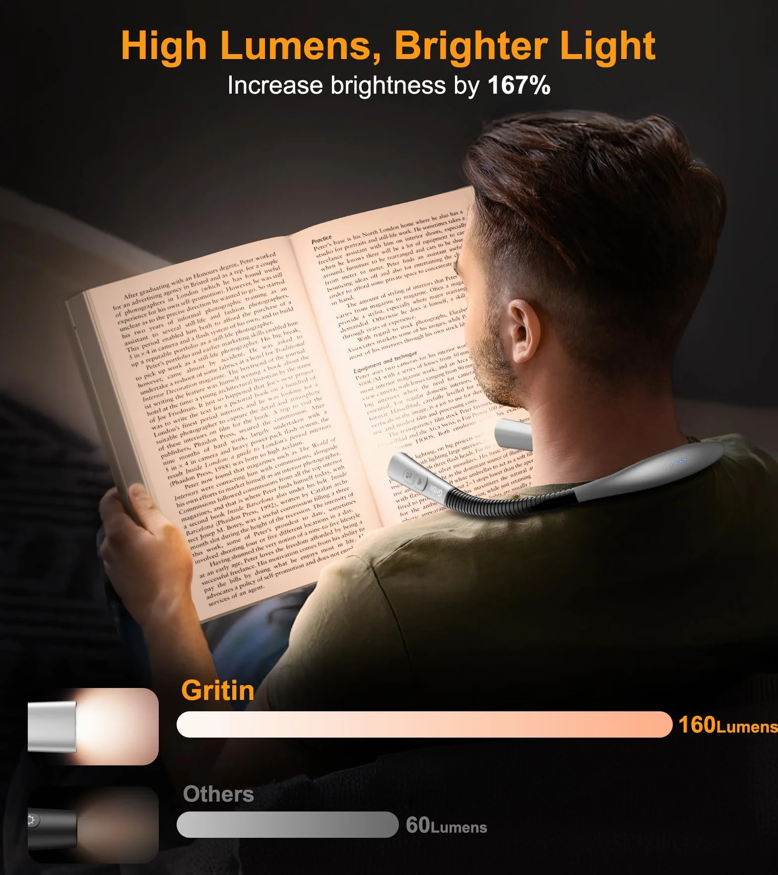 Gritin Luz de Lectura Cuello Recargable con Temporizador 30 min, 5 Brillo y 4 Temperaturas de Color, Función de Memoria y Atenuación Continua, Cómodo y Liviano