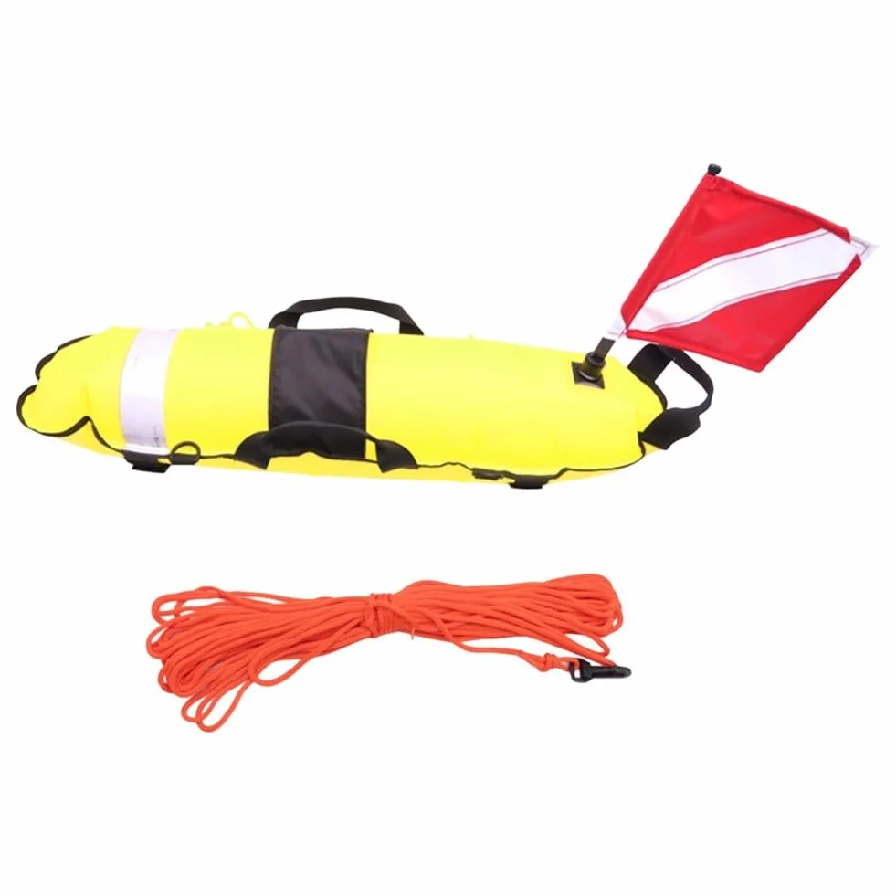Boya flotante de pesca submarina con bandera de buceo y cuerda de 25 m para esnórquel de buceo, 83 x 25 x 25 cm, boya inflable de nailon 210D, amarillo, rojo o rosa (rojo)