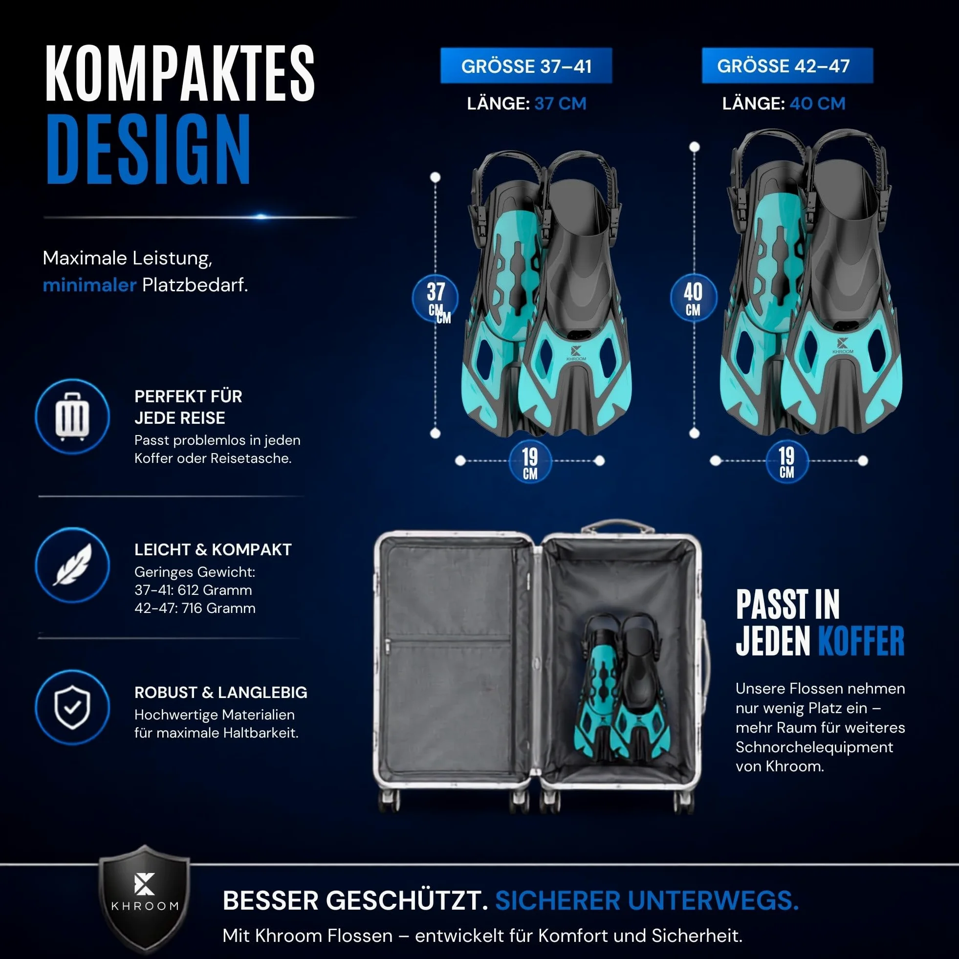 Khroom Aletas Cortas Adultos / niños Talla 32-47 | Aletas de Snorkel Ajustables | Aletas de Natación Cortas para Snorkel / Buceo Negro (42-47)