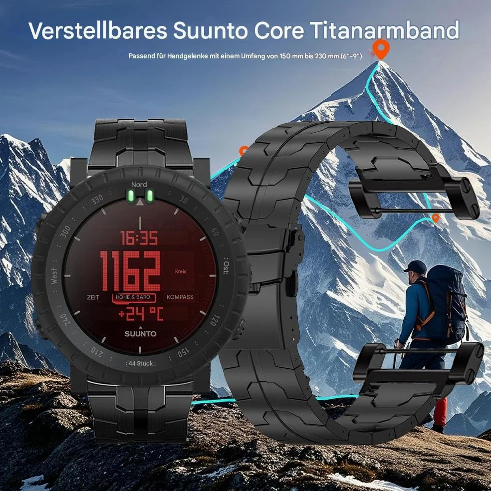 Correa de titanio compatible con Suunto Core, pulseras de repuesto de metal de titanio con hebilla segura compatible con Suunto Core Smart Watch para hombre, ligera