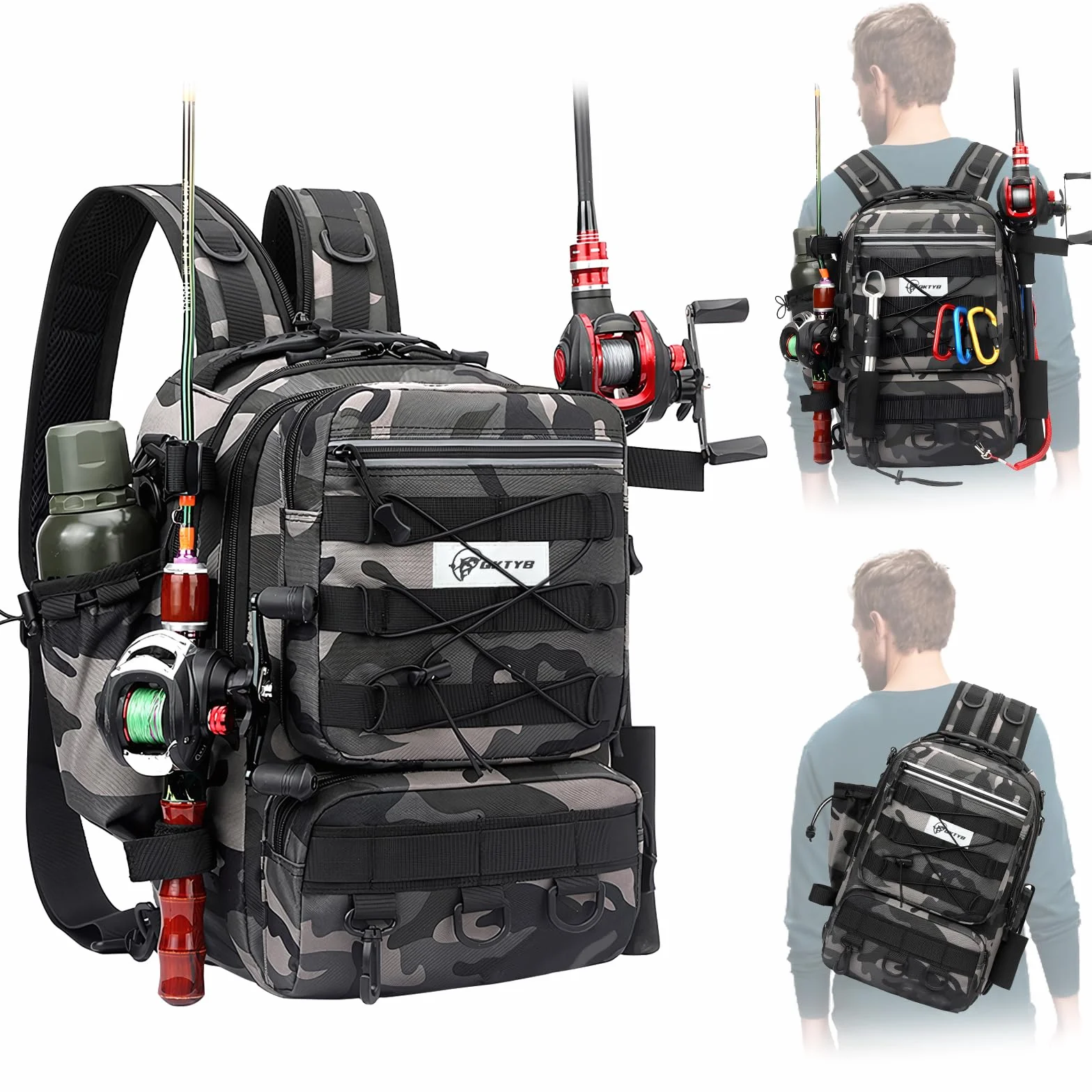 Mochila de Pesca Grande Impermeable con Portacañas, Bandolera Acolchada Tela Oxford para Senderismo