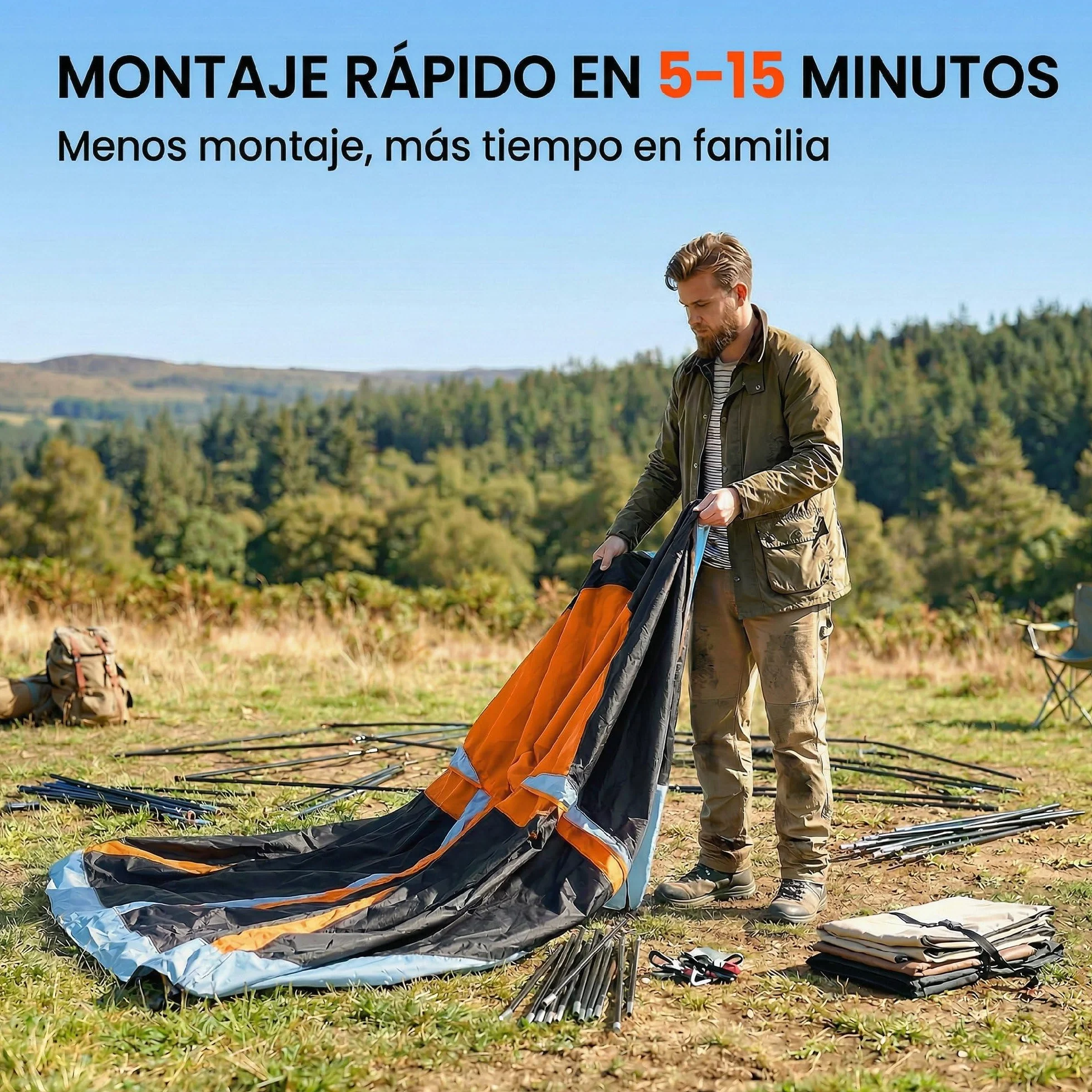 Outsunny Tienda de Campaña Familiar para 4 Personas Tienda Camping Plegable Tipo Túnel con 2 Habitaciones Puertas Ventanas Tragaluces Bolsa y Gancho Impermeable 3000 mm Fácil Montaje para Senderismo