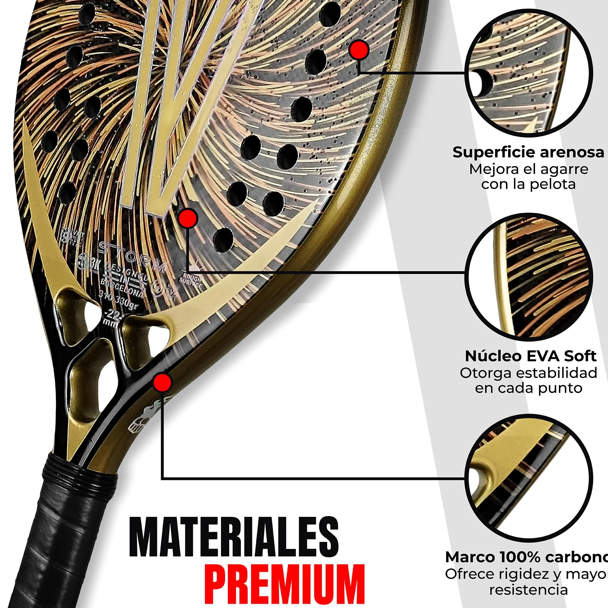VIRUS Storm Raqueta Beach Tennis Profesional – Carbono 3K, Black EVA Soft, Balance Medio, Potencia y Precisión, Incluye Funda