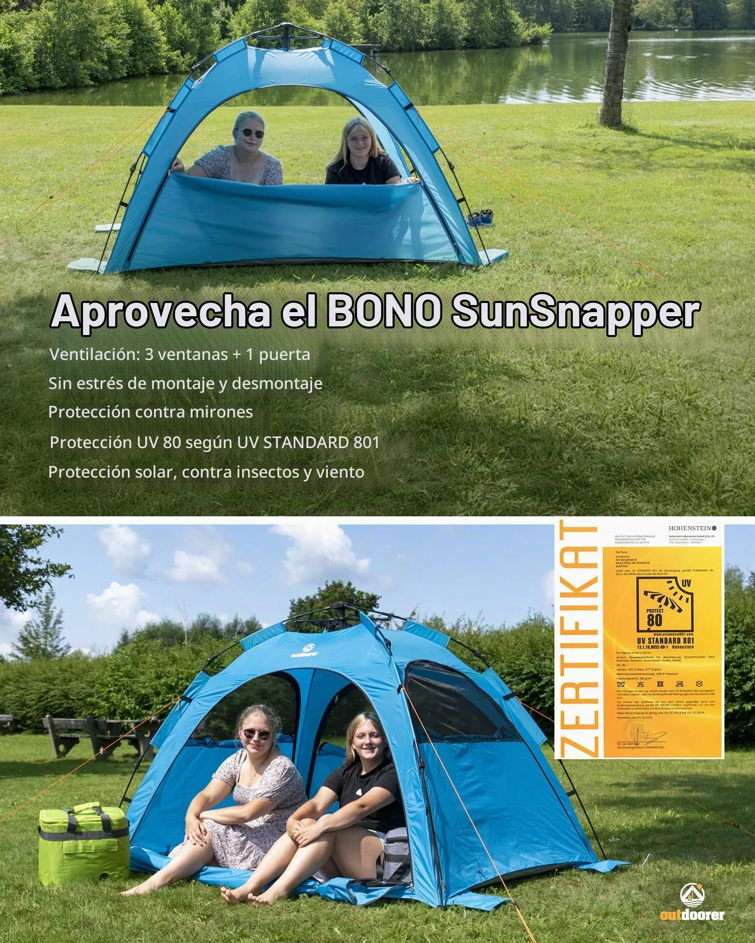 outdoorer Sun Snapper Air - Refugio de playa con 4 puertas y 3 ventanas, montaje rápido, protección UV 80, protección visual y protección contra insectos