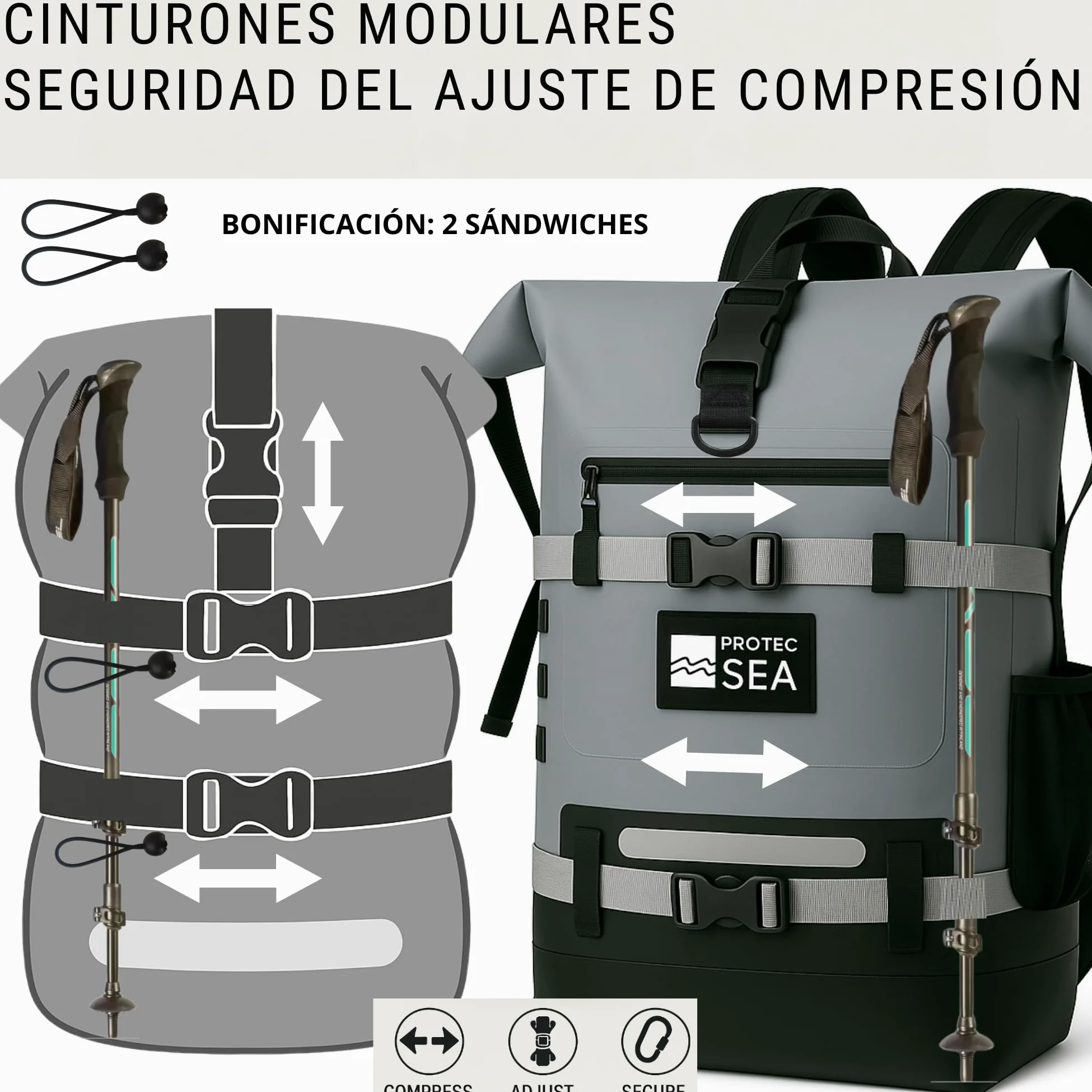 Mochila impermeable impermeable para senderismo, 25L-40L, volumen ajustable, cierre rápido, transporte cómodo, accesorios Molle, bolsillos impermeables, cinta reflectante, color gris