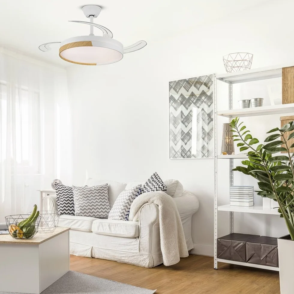 Ventilador de techo con aspas retráctiles Arpino Blanco+Madera LED 48W CCT 3000-6000K Regulable Silencioso