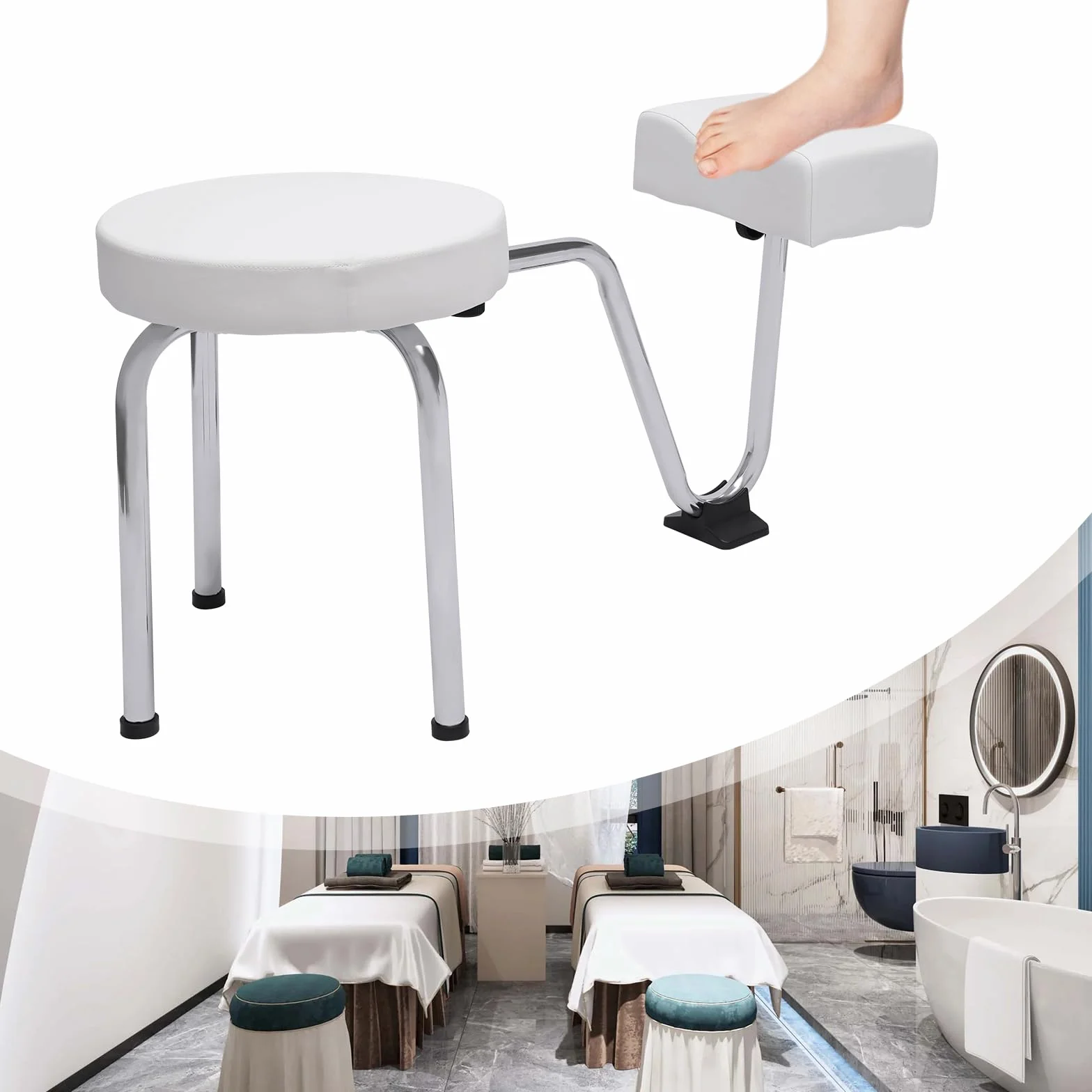 Taburete 2 en 1 para Pedicura Reposapiés Ajustable con Bandeja PVC