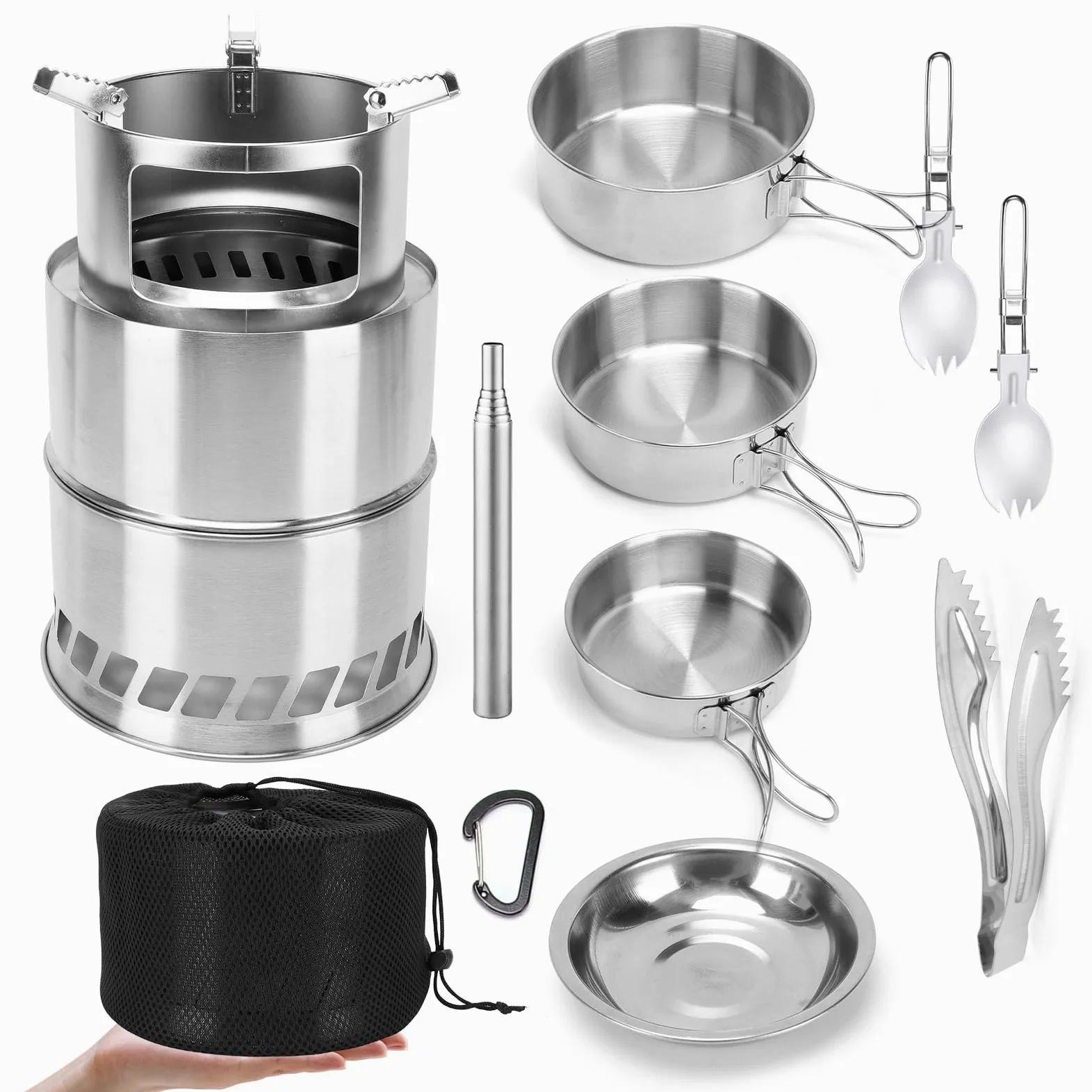 Kit de Utensilios Cocina Camping 11 piezas acero inoxidable 304 con hornillo de leña portátil cocina outdoor con olla sartén platos cubiertos senderismo mochila (Juego horno grande)