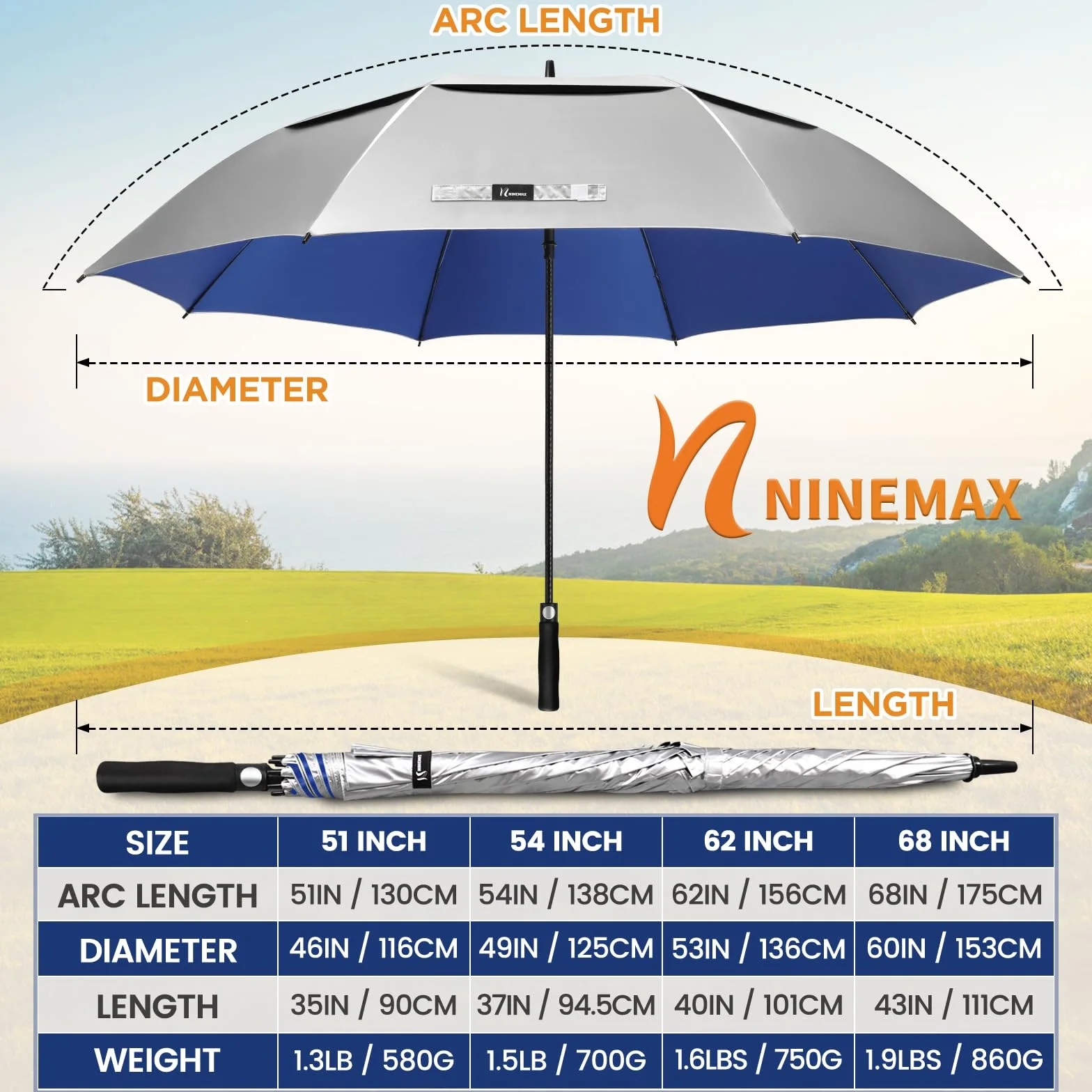 NINEMAX Paraguas Grande Solar UV XXL Antiviento Resistente al Viento Fuerte Plata Azul