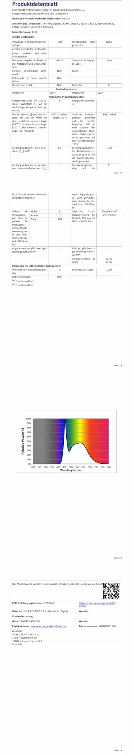 XUNATA Cable de Alimentación para Tira de LED COB, 288LEDs/m, 360LEDs/m, Blanco, 40 cm
