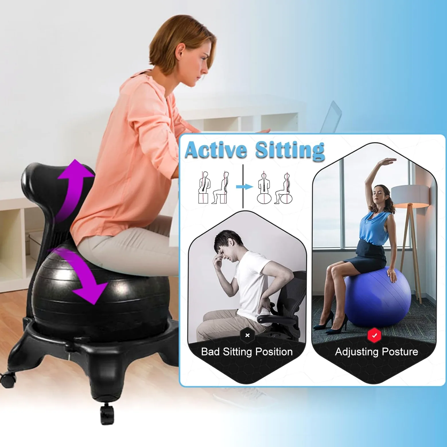 Equilibrio Silla de Oficina con Balón Medicinal para Adultos, Silla Inflable de Equilibrio con Base de Rodillo