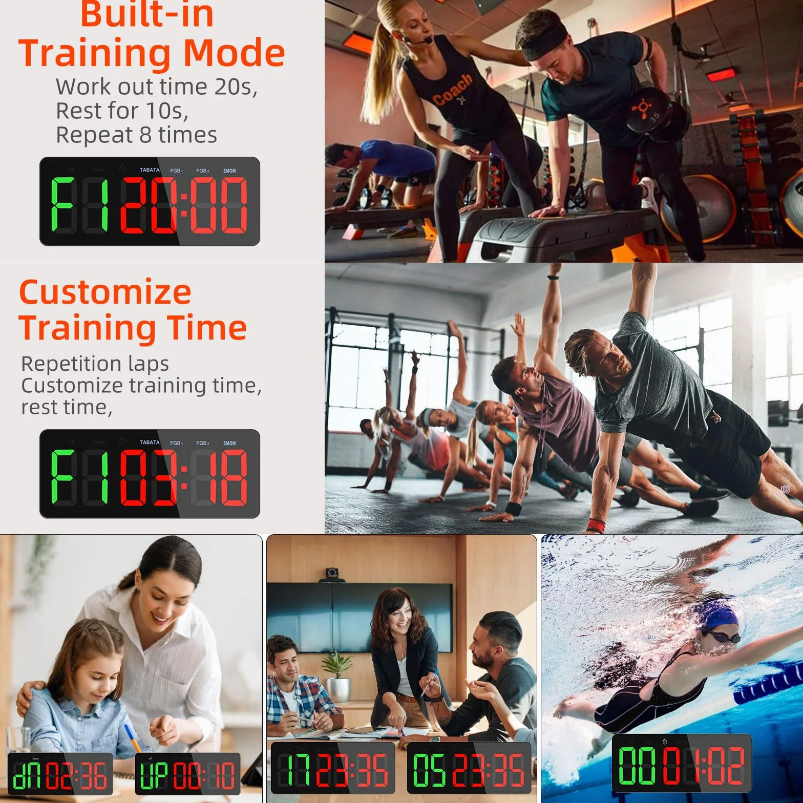 PELLOR Temporizador Multifunción para Gimnasio - Grand 3" Digital Reloj de Pared, Cronómetro LED con Modos Tabata/FGB/EMOM, 5 Niveles Brillo, Cuenta Regresiva/Progressiva, Portátil para Fitness/MMA