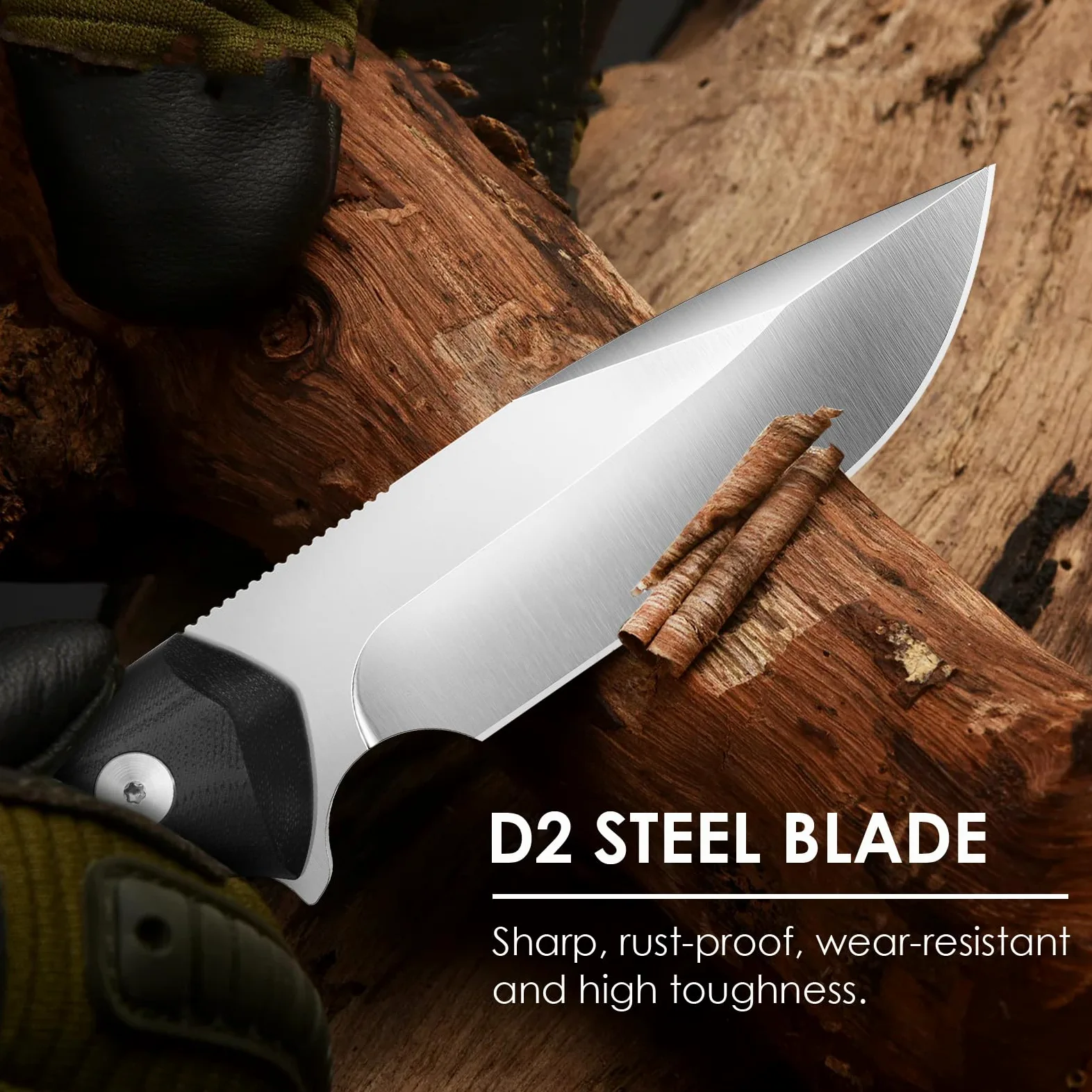 SHAN ZU Cuchillo Supervivencia D2 11cm Plateado Funda Kydex y Pedernal | Hoja Fija, Mango Ergonómico Antideslizante para Camping, Caza y Outdoor, Filo Duradero, Ligero, Compacto y Resistente