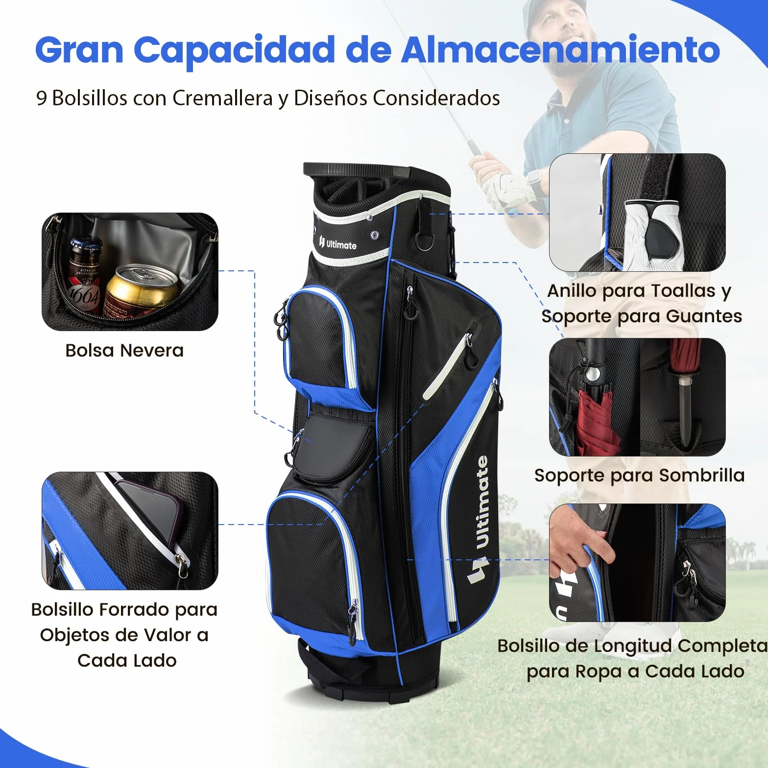 COSTWAY Bolsa de Golf, Bolsa de Palos de Golf con Separadores Superiores de 14 Vías, 9 Bolsillos, Enfriadora, para Zapatos, Soporte para Paraguas y Cubierta para Lluvia