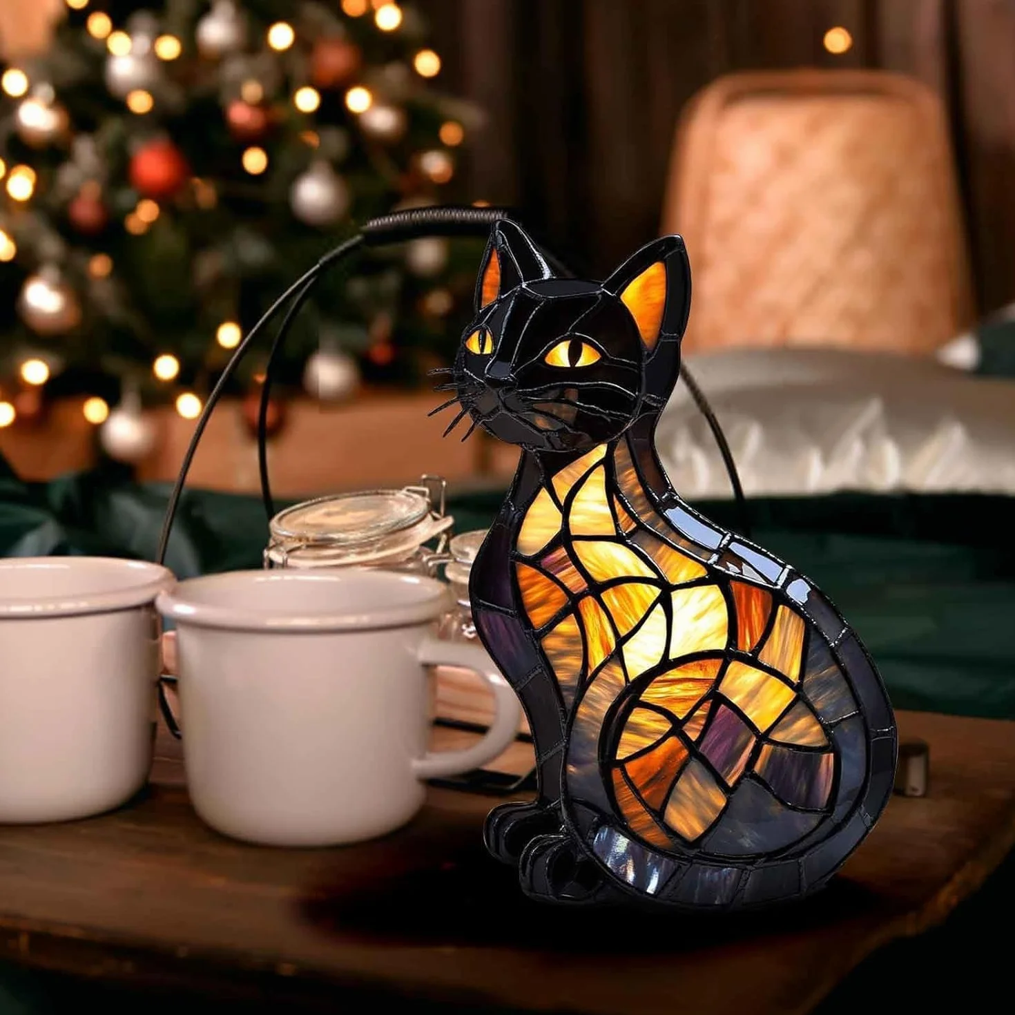 Solymall Glowkitty Cat Lamp Stained Glass Retro Resin Tabletop Night Light 3D Cute Pet LED Table Light