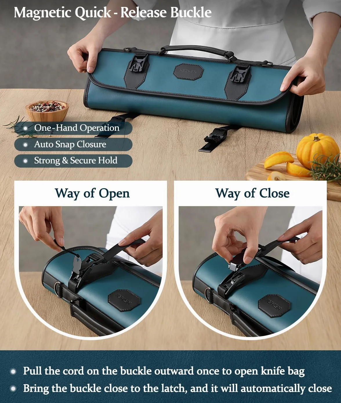 HEZHEN Bolsa para Cuchillos Profesional de Cuero(Sin Cuchillo)-Verde | Microfibra de Cuero,Correa Ajustable,9 Ranuras & 5 Bolsillos con Cremallera,Solapa Protectora-Viaje y Almacenaje