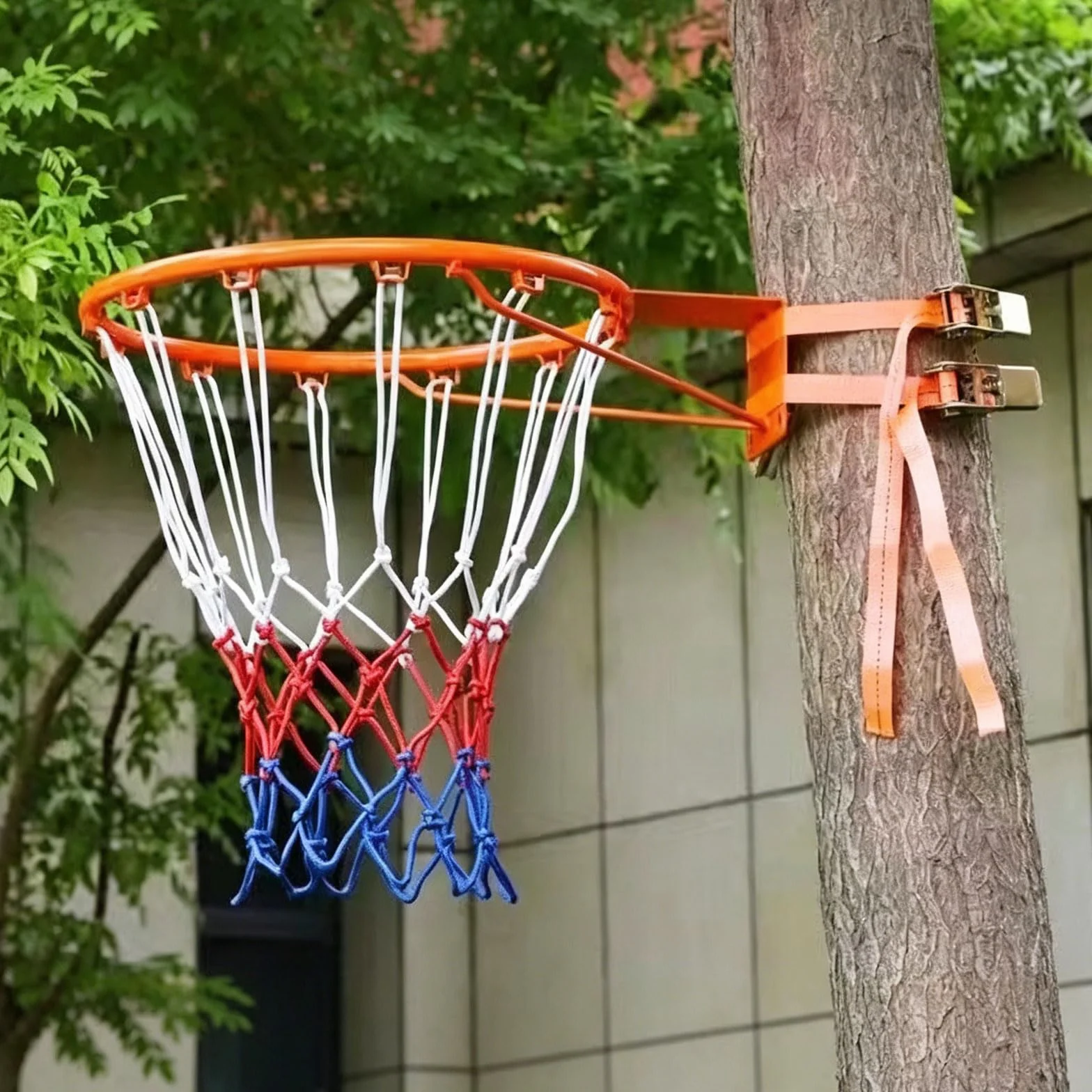 Aro de Baloncesto de Pared Exterior,Canasta Baloncesto Exterior Pared,Marcos De Red De Baloncesto Desmontable Portátil,con Correas Ajustables,para áRboles,Columna Redonda,Hierro