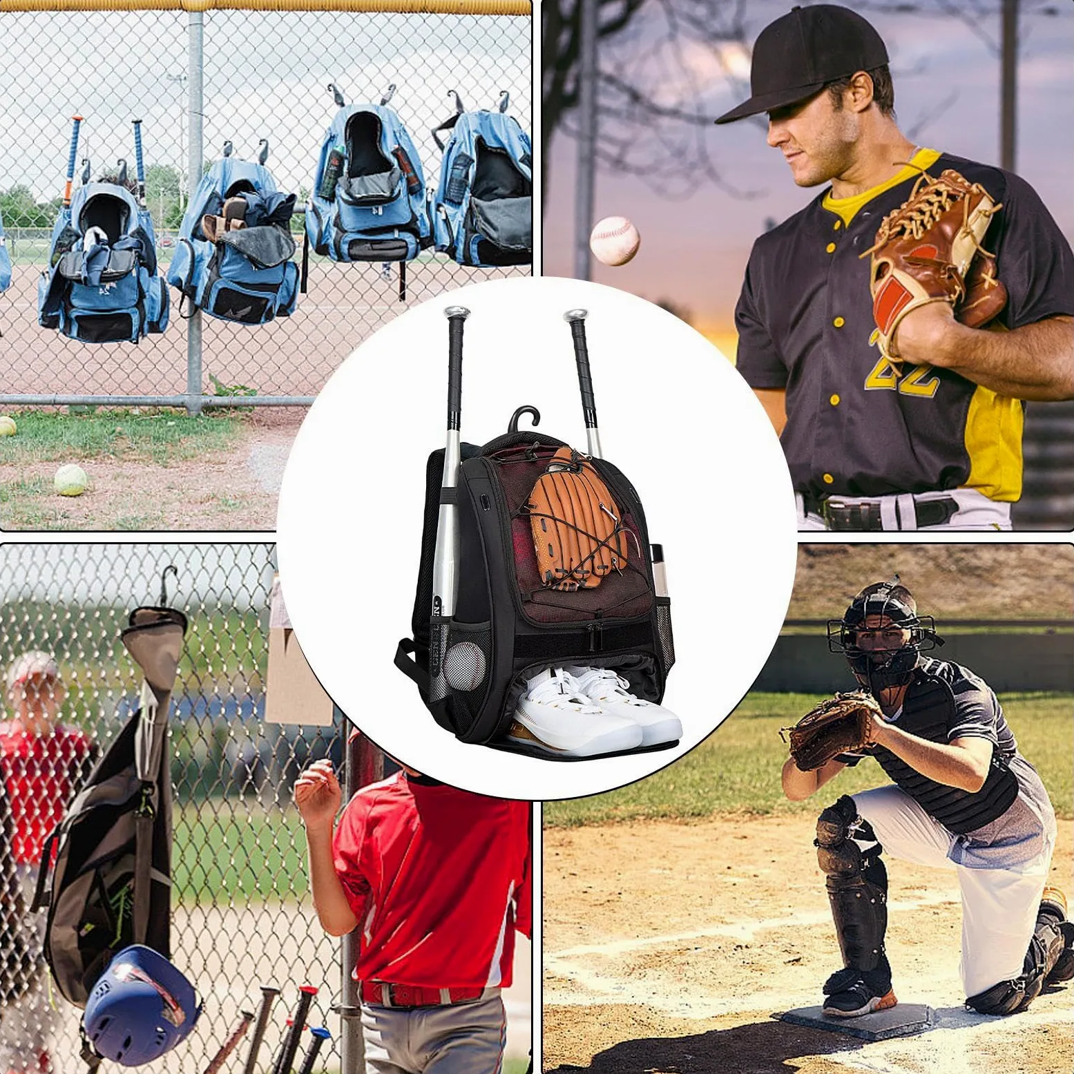 Mochila de béisbol para niños con compartimento para zapatos, mochila de sóftbol | Mochila de béisbol juvenil de gran capacidad para cascos, murciélagos, equipo para jóvenes y adultos, zapatos