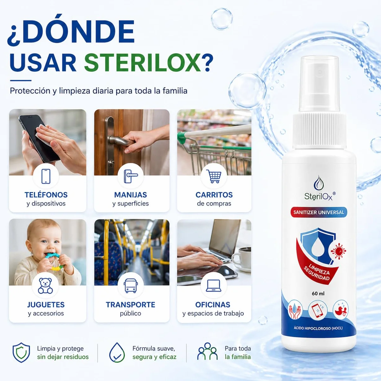 Spray 3 x 60 ml Solución Cosmética con Ácido Hipocloroso para Manos, Juguetes, Utensilios - Seguro para Niños y Mascotas