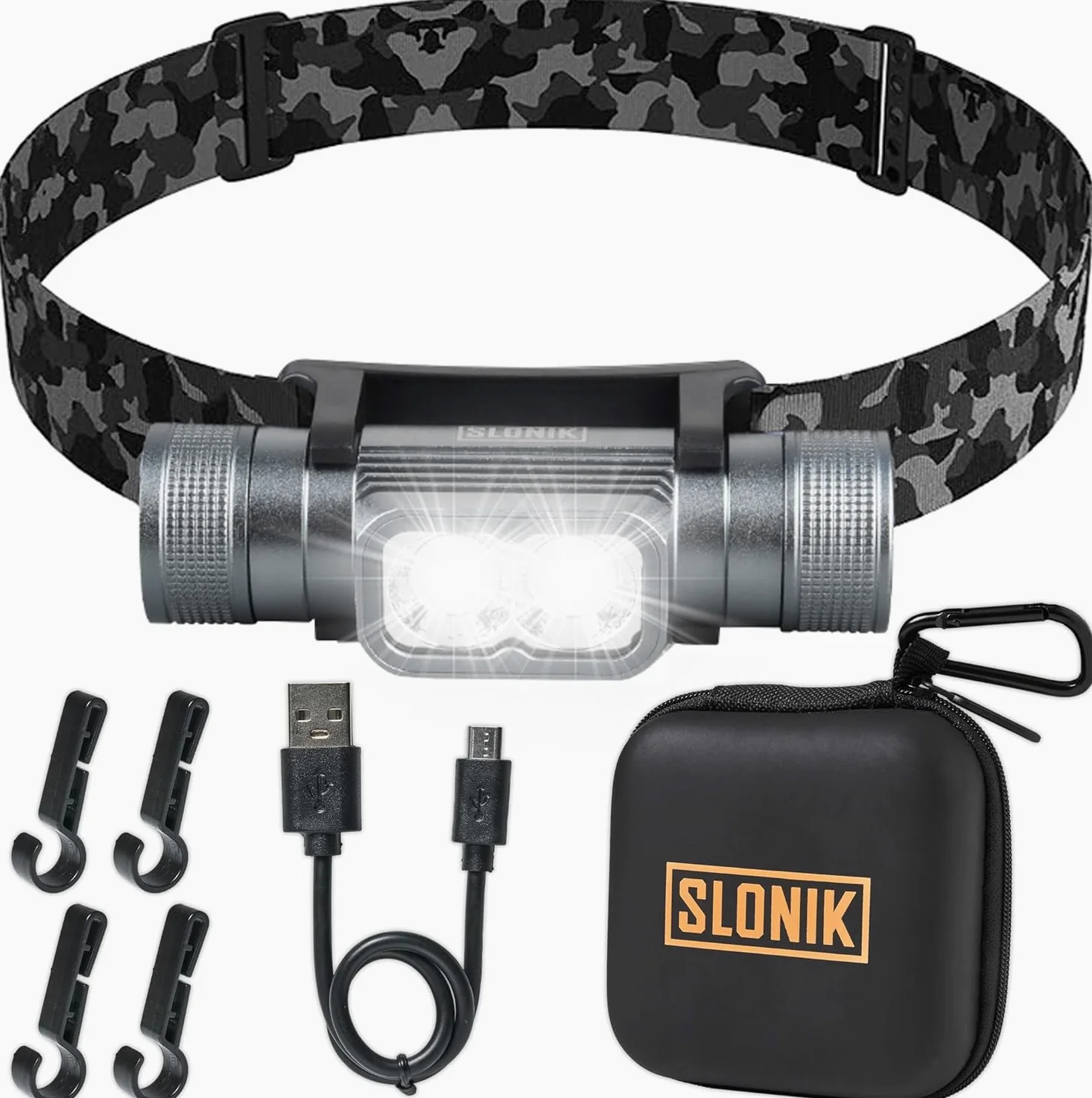 SLONIK Linterna frontal recargable para adultos, 1000 lúmenes, brillante, linterna LED de haz de 60 pies, ligera, resistente, IPX4, luz impermeable para casco, equipo de camping, luces delanteras para