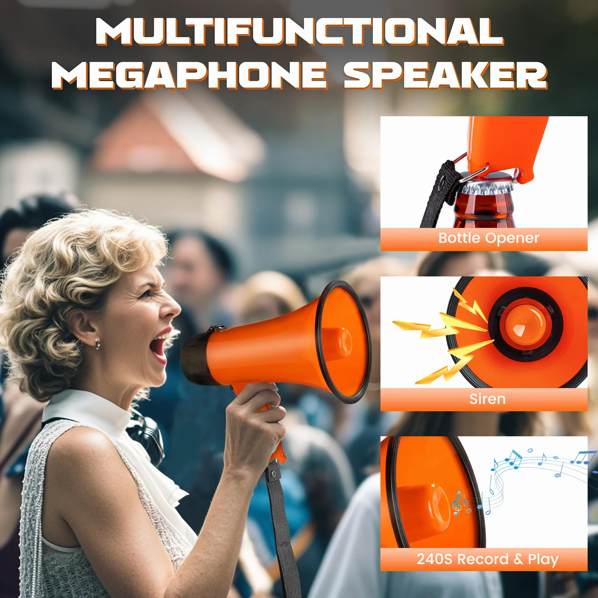 Megáfono portátil 20 W MyMealivos con Altavoz, Sirena, Alarma, Control de Volumen y Correa