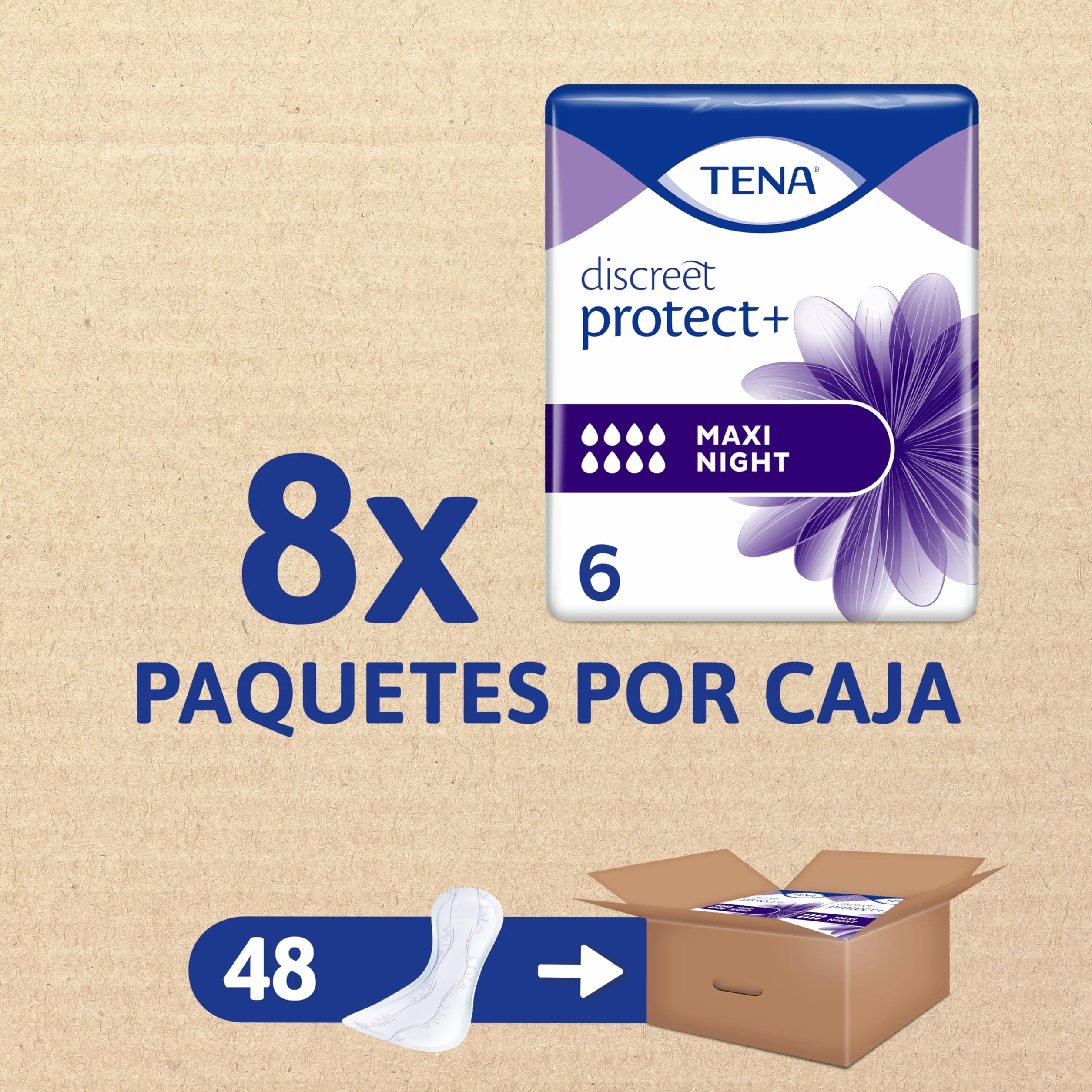 TENA Discreet Protect+ Maxi Night 48 Compresas Nocturnas Mujer Máxima Protección Absorción InstaDRY