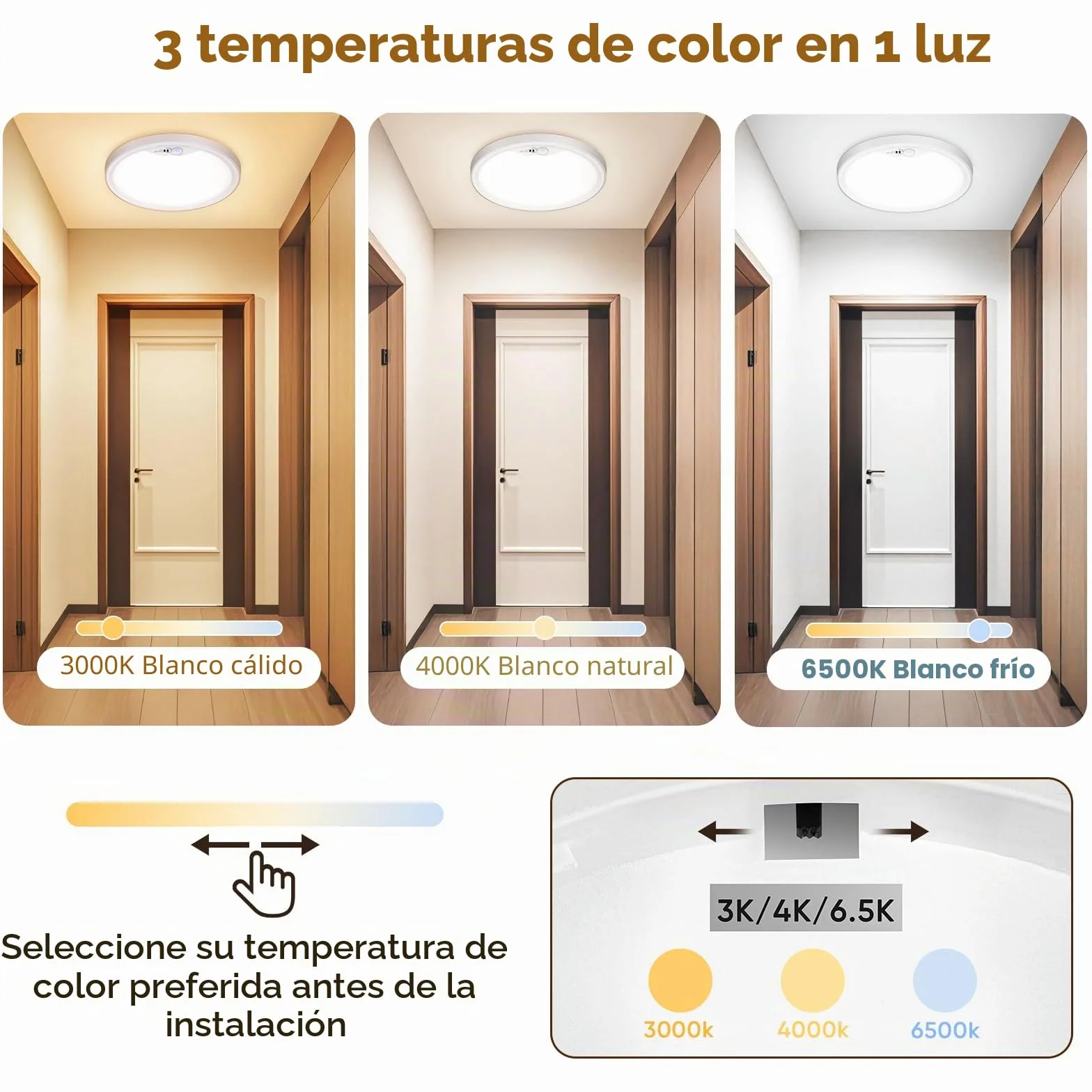 NIBSHOOM Plafon LED techo 3000K/4000K/6500K 18W 1800LM IP44 con sensor de movimiento Ø22cm