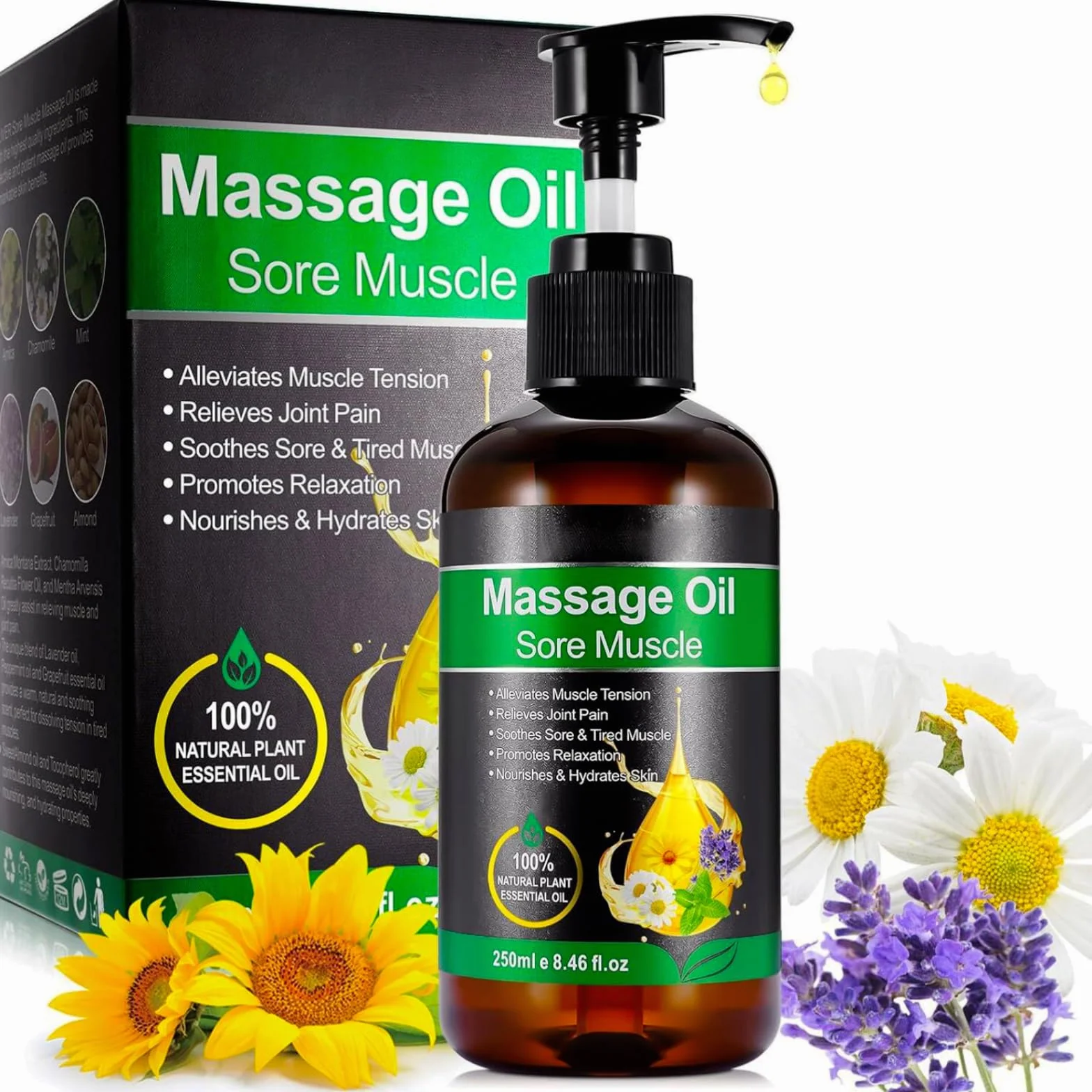 Aceite de Masaje Corporal Hidratante Lavanda y Menta para Aliviar Dolor Muscular 250ML