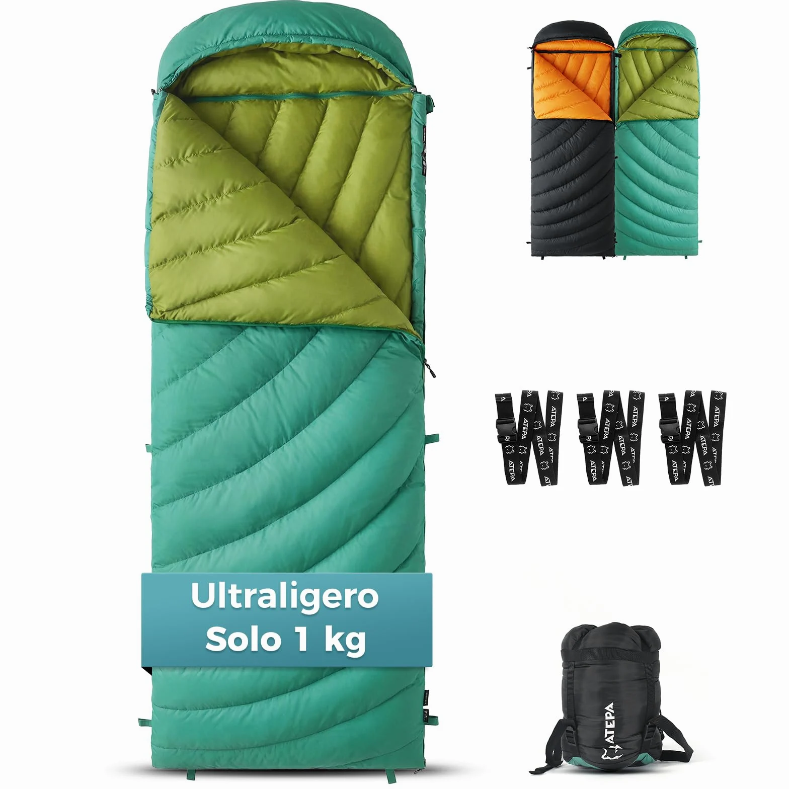 ATEPA Saco de dormir de plumón, saco de dormir para exteriores, saco de dormir con 600 fp, impermeable, saco de dormir para 4 estaciones, ideal para adultos en camping, viajes y aventuras