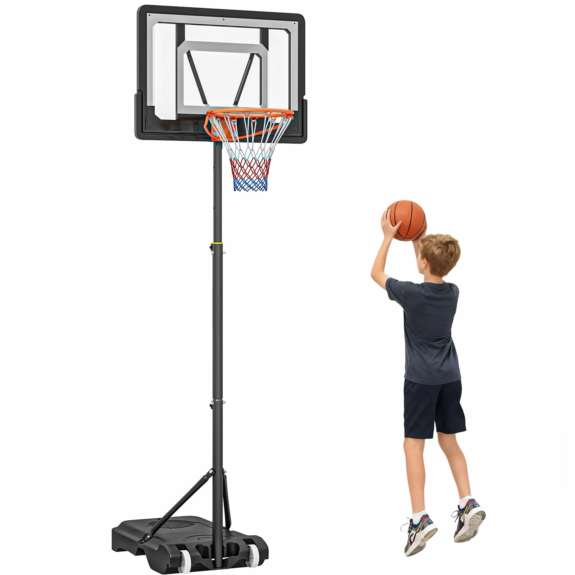 HOMCOM Canasta de Baloncesto Exterior Altura Ajustable 206-260 cm Aro con Ruedas Base Rellenable Negro