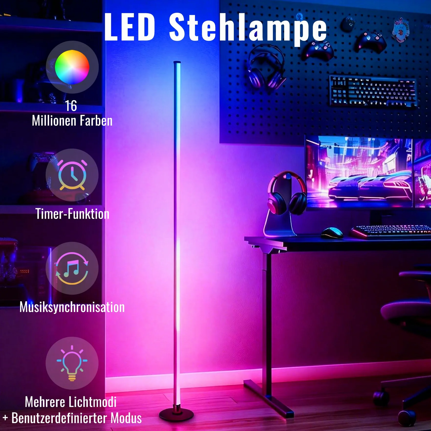 Lámpara de pie LED RGB con control por aplicación y mando a distancia, sincronización musical, 16 millones de colores