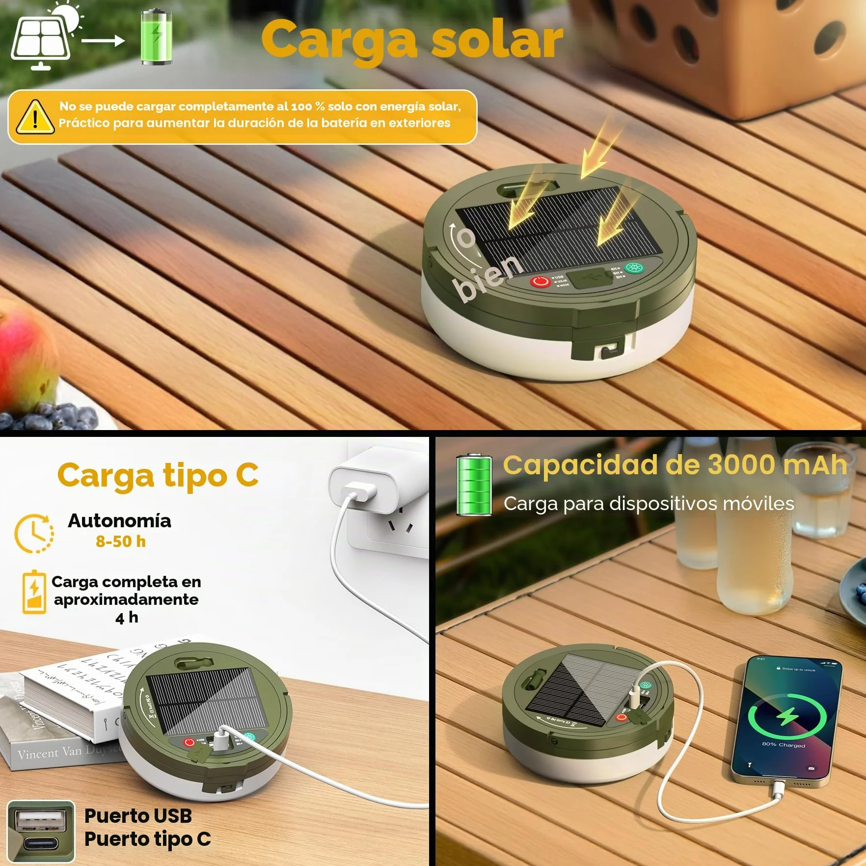 Retráctil Cadena de Luces para Camping 10M, 3 en 1 Impermeable Solar USB 8 Modos Iluminación