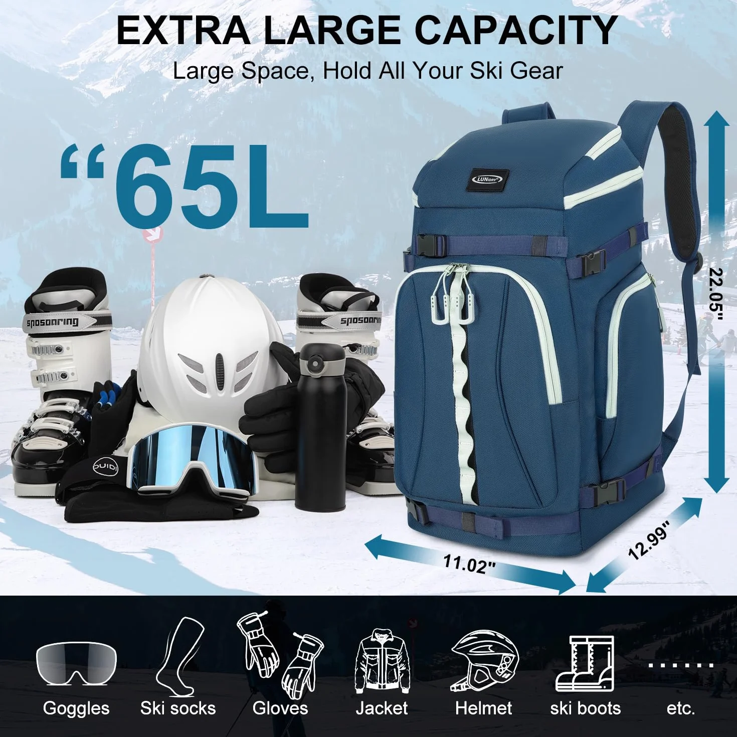 Mochila para Botas de Esquí 65L con Compartimento para Casco, Snowboard