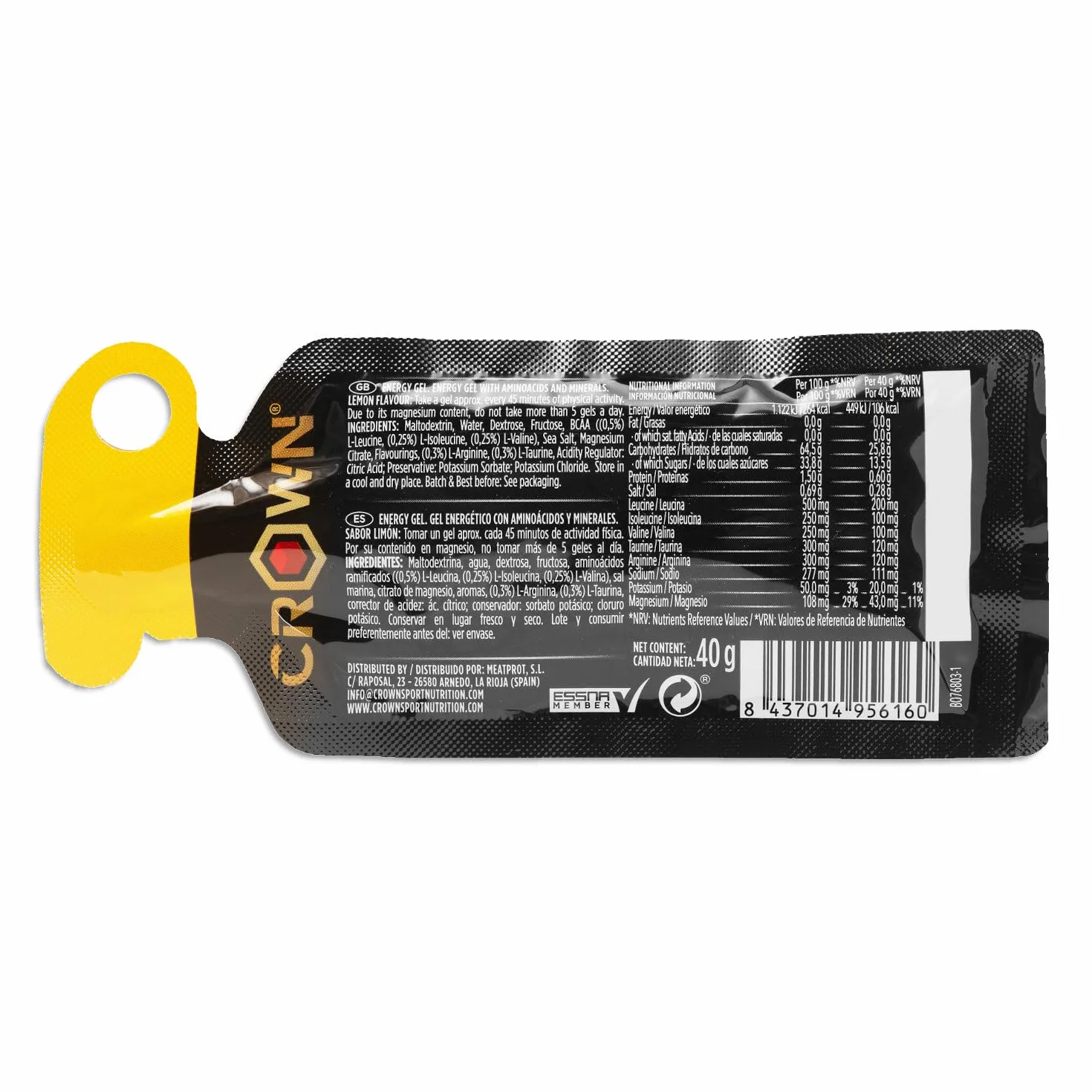 Crown Sport Nutrition Energy Gel Carbohidratos BCAA Arginina Taurina Electrolitos Vegano Sin alérgenos