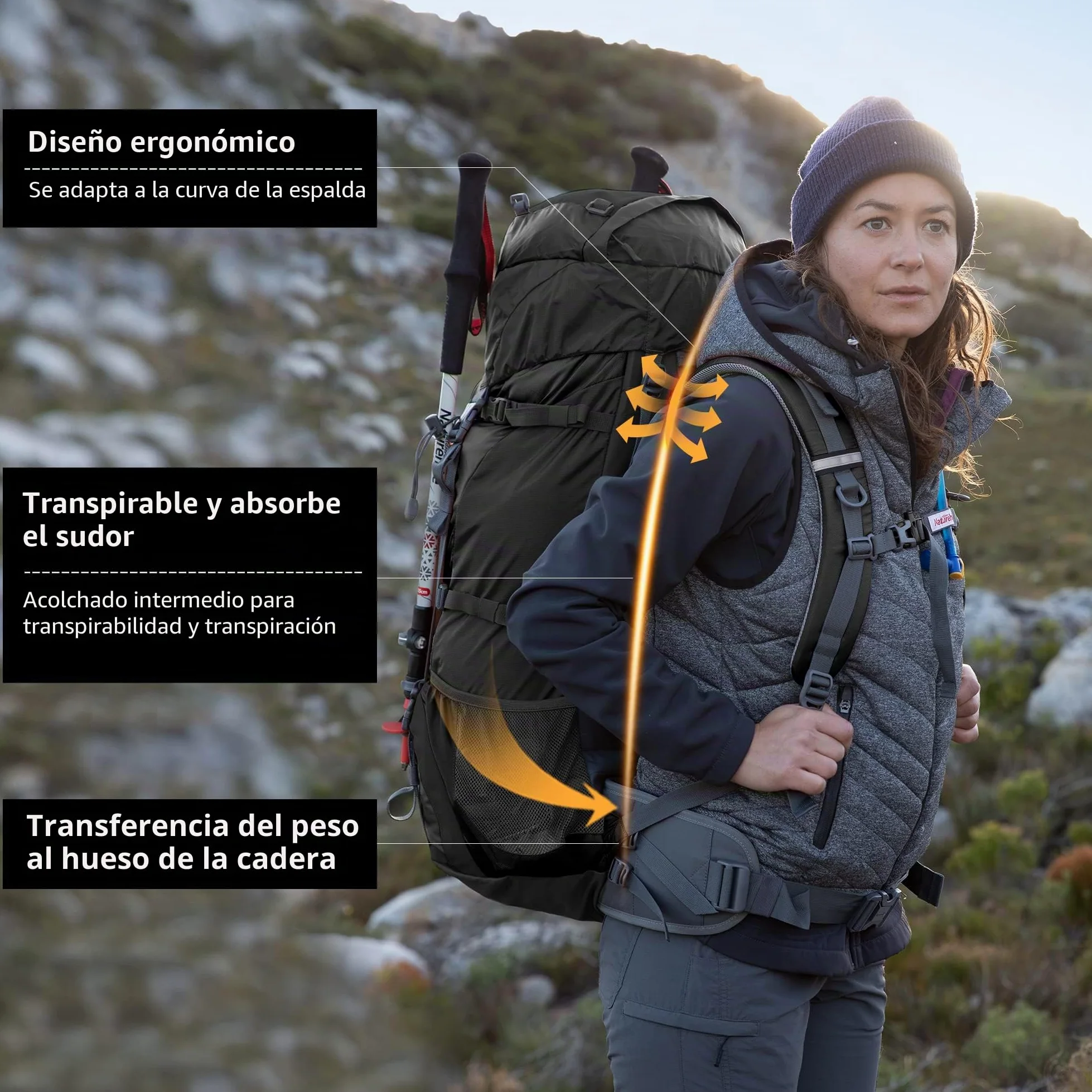 Naturehike Mochila de Senderismo 70L Hombres Mujeres Trekking Mochila Ultraligero Impermeable Mochila Grande Mochila de Viaje con Raincover para al Aire Libre, Montañismo,Camping (Negro)