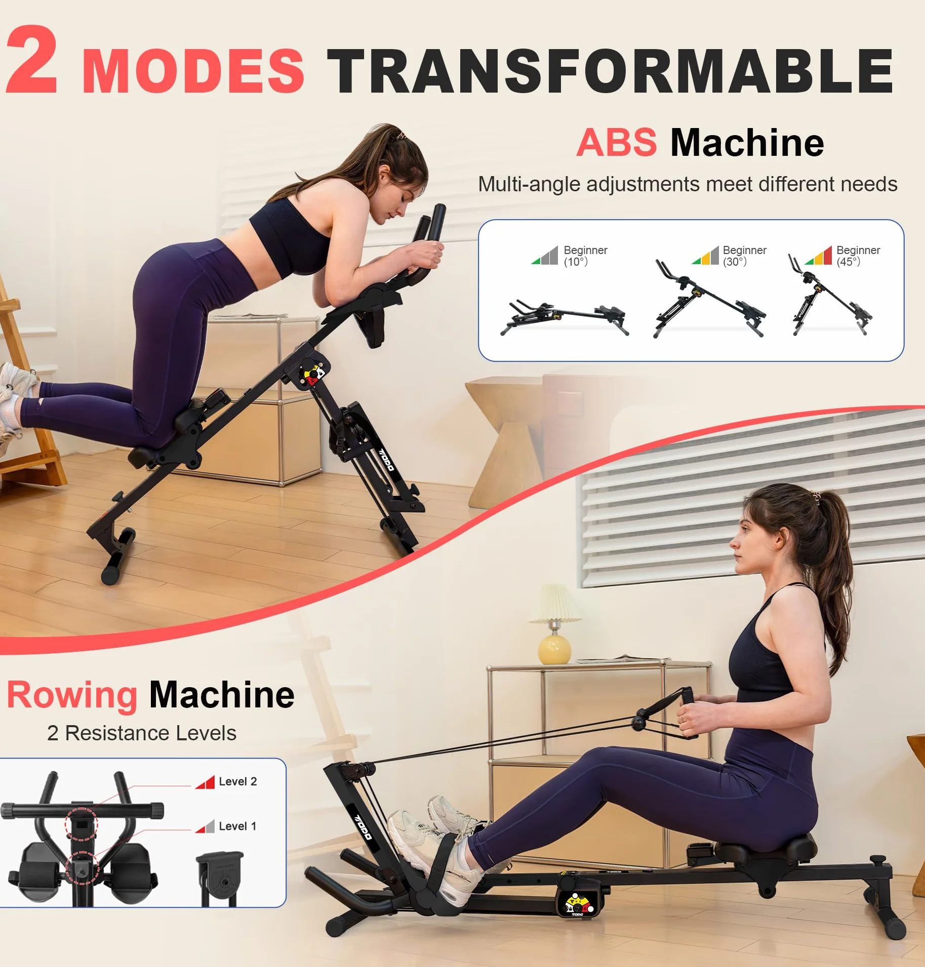 TODO 3 en 1 Maquina de Remo para Casa, Multifuncional Máquina Remo con 2 Intensidades Regulable, AB Maquina Abdominales Remo Fitness Silenciosa para Uso Doméstico, Máxima 120KG
