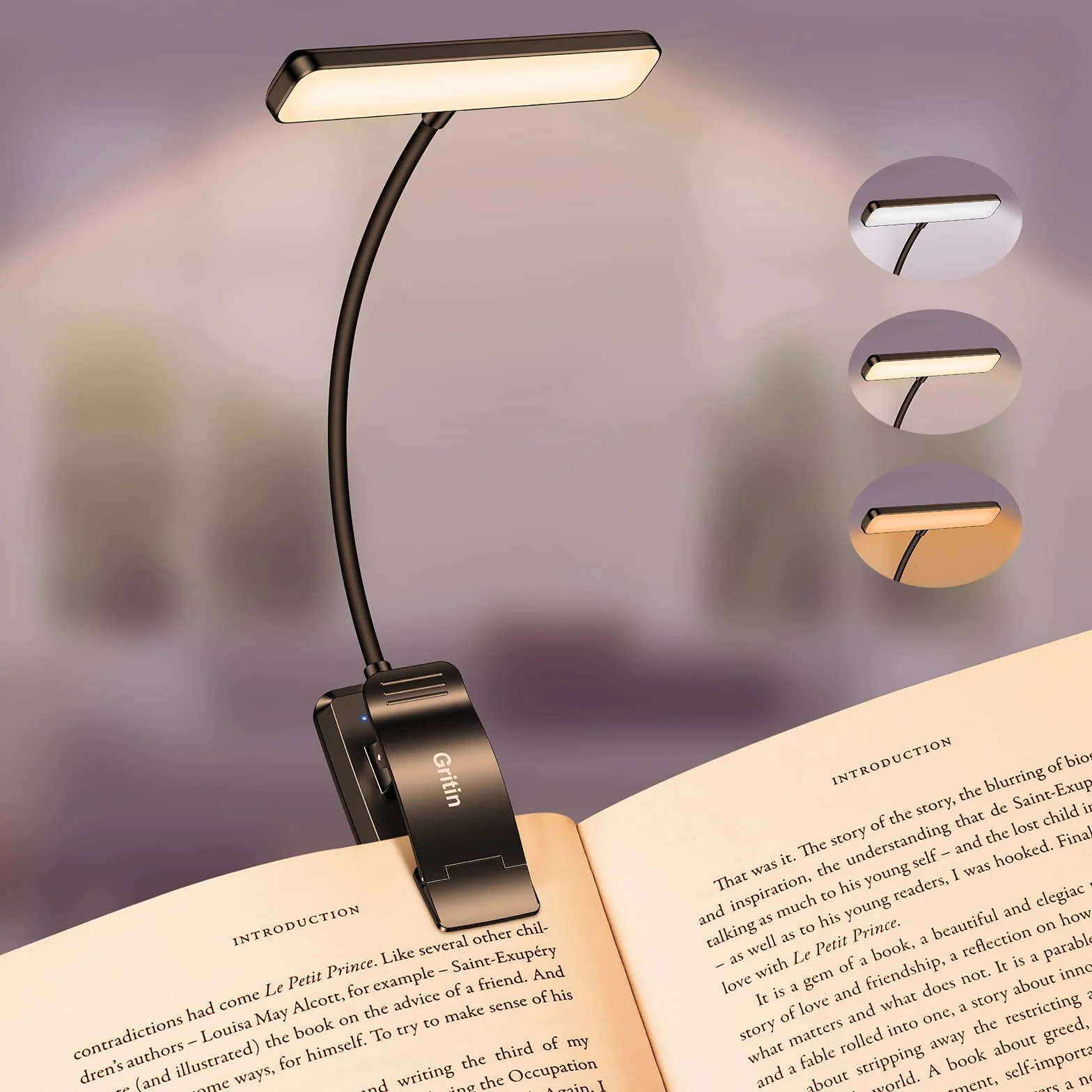 Gritin 19 LED Lámpara de Lectura USB Recargable 360° Flexible 3 Modos de Iluminación Protección Ocular Atenuación Continua